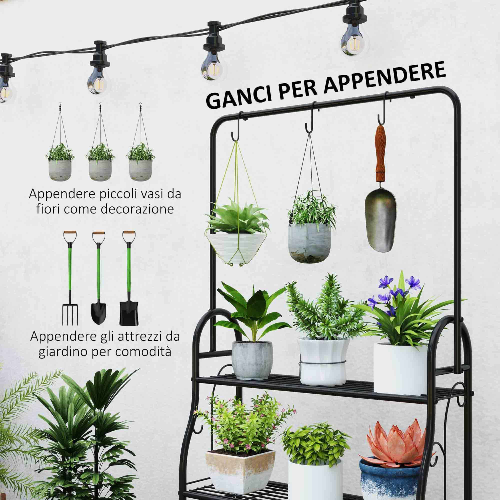 Outsunny 3-Tier Plant Stand with 3 Hooks, Metal, 162x221.5x163 cm, Black