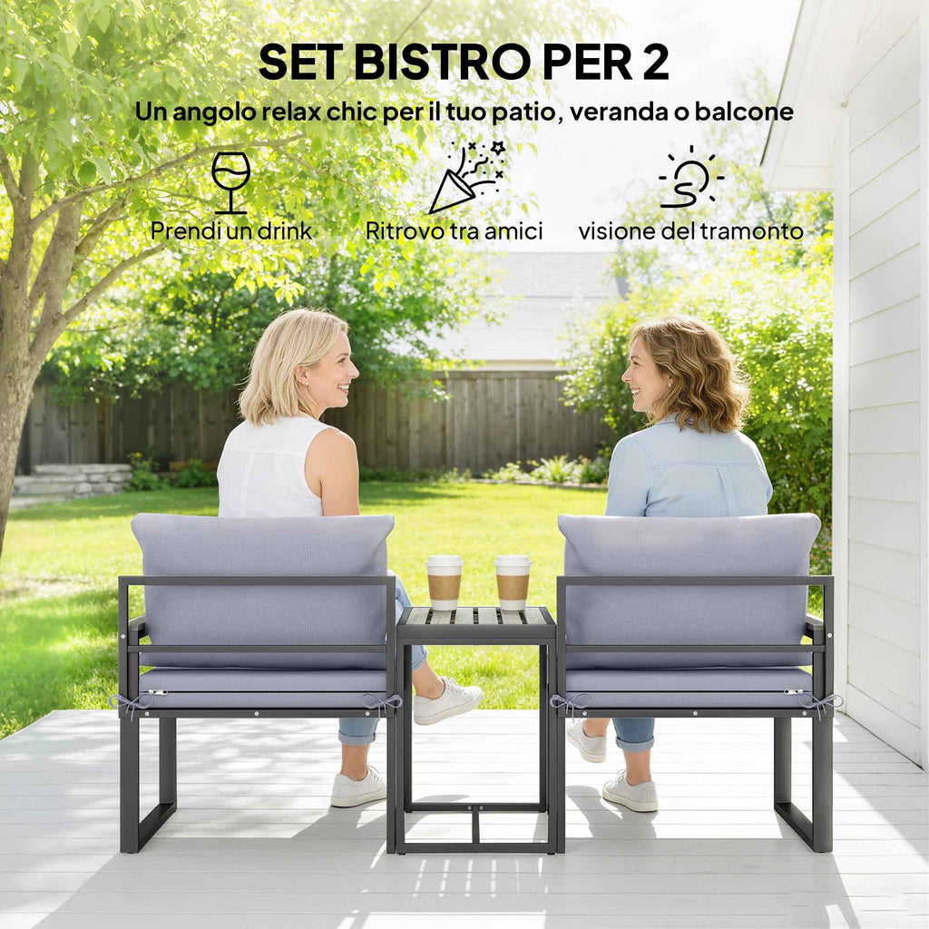 Outsunny 3-Piece Outdoor Set with Garden Table and 2 Chairs with Texteline Seat and Cushions, Grey