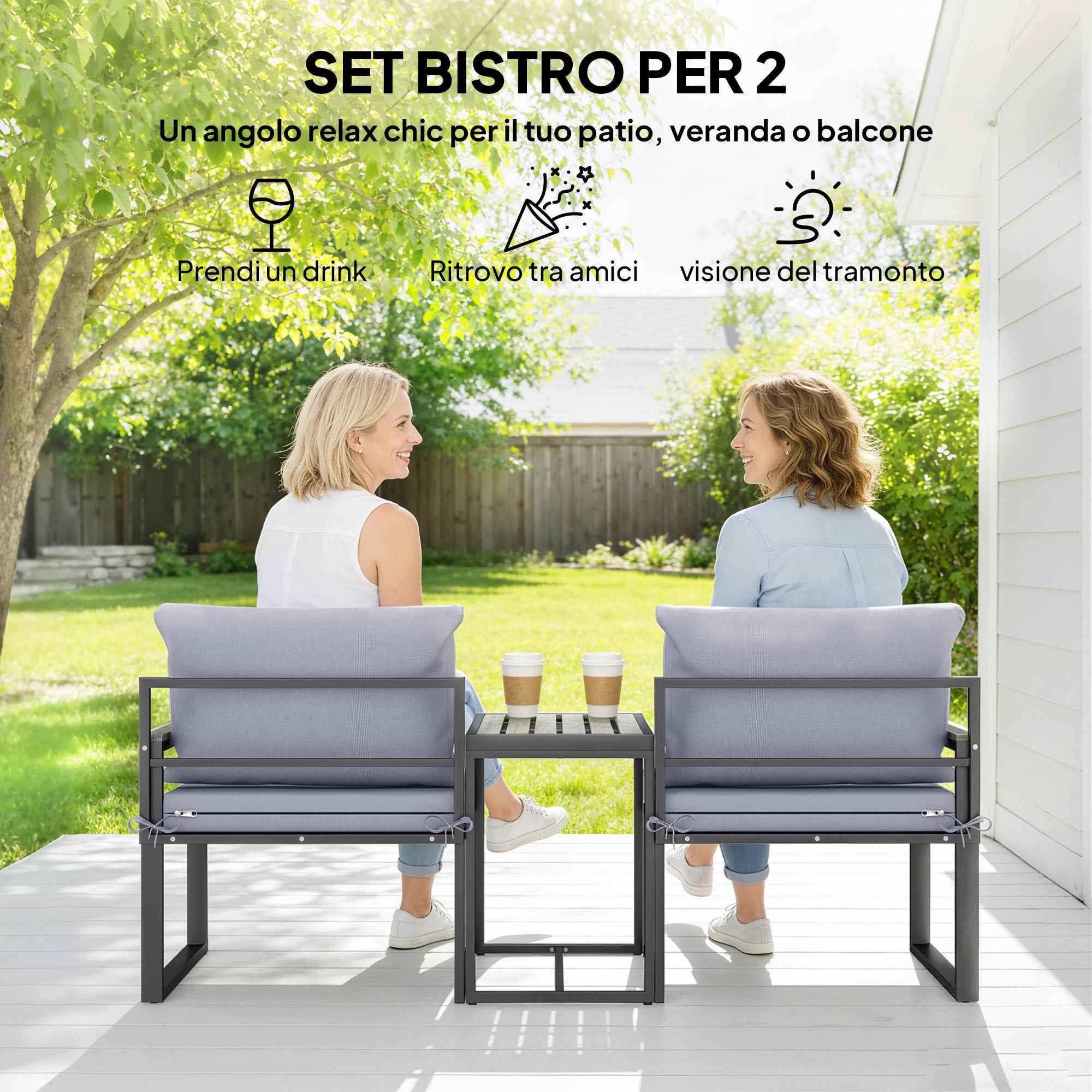 Outsunny 3-Piece Outdoor Set with Garden Table and 2 Chairs with Texteline Seat and Cushions, Grey