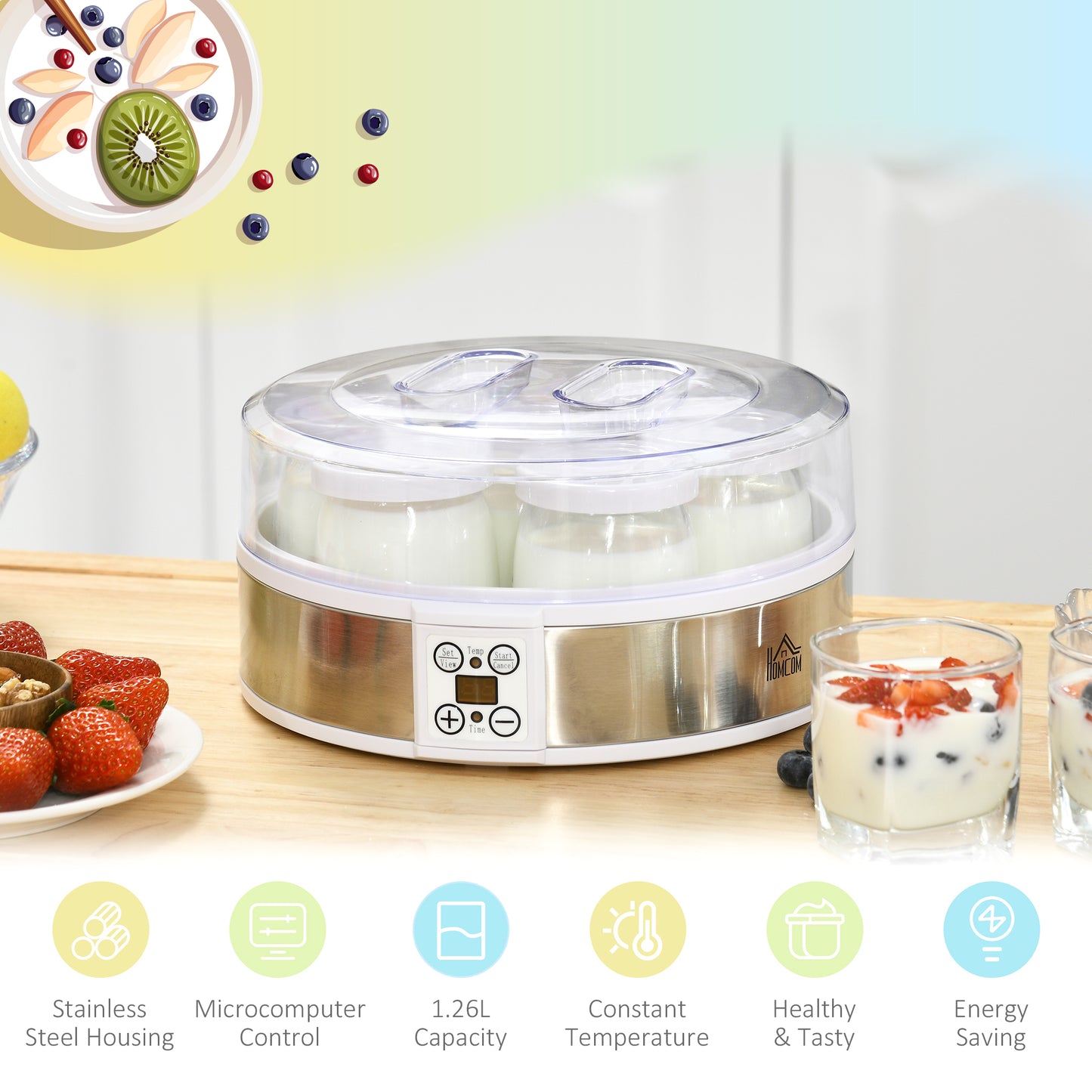 Yogurt Maker 20W 1.5L with 7 Jars and Button Display, Stainless Steel and Plastic, 24x24x13 cm, White