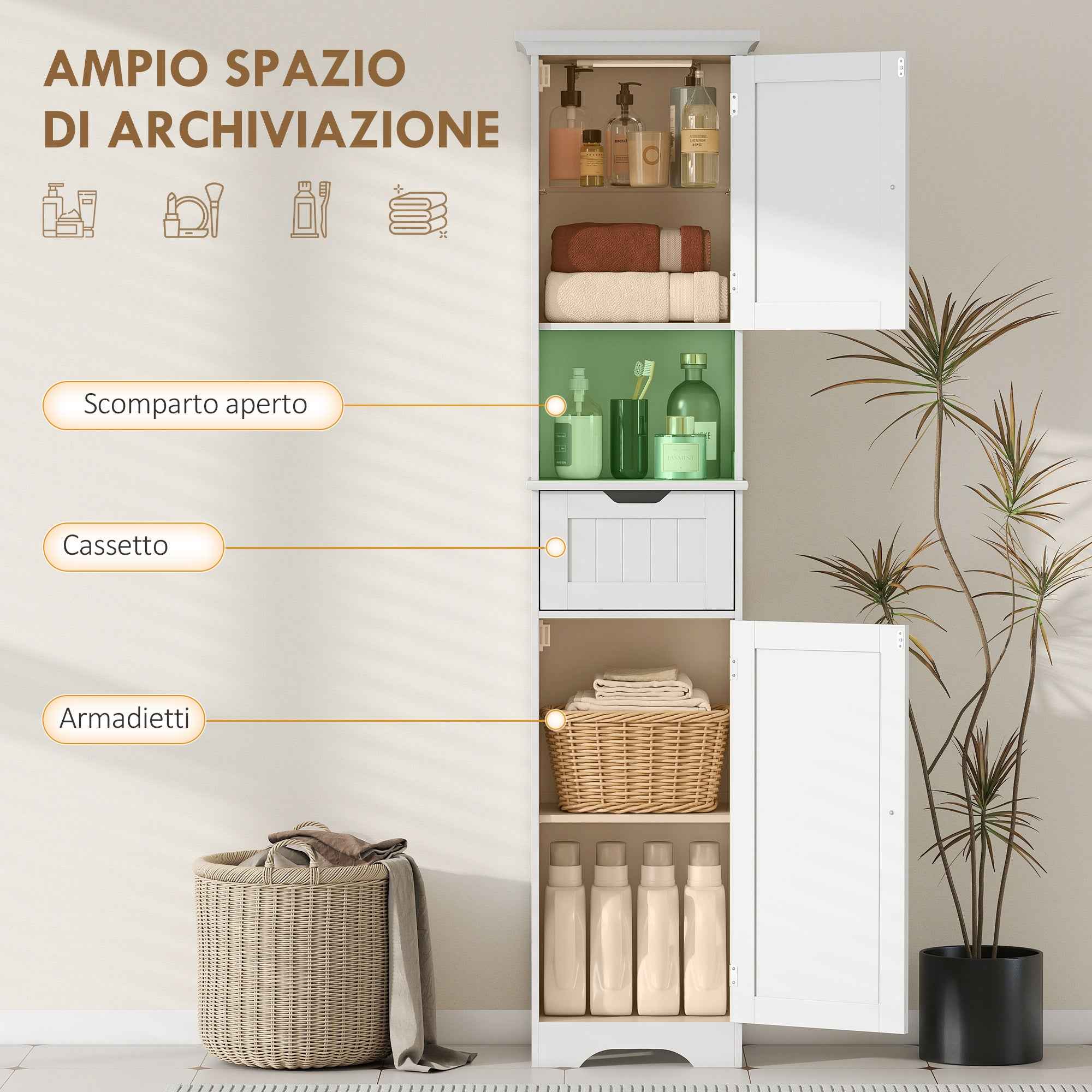 HOMCOM Wooden Bathroom Cabinet with 2 Sensor Cabinets, Open Shelf and Drawer, 40x30x170 cm, White