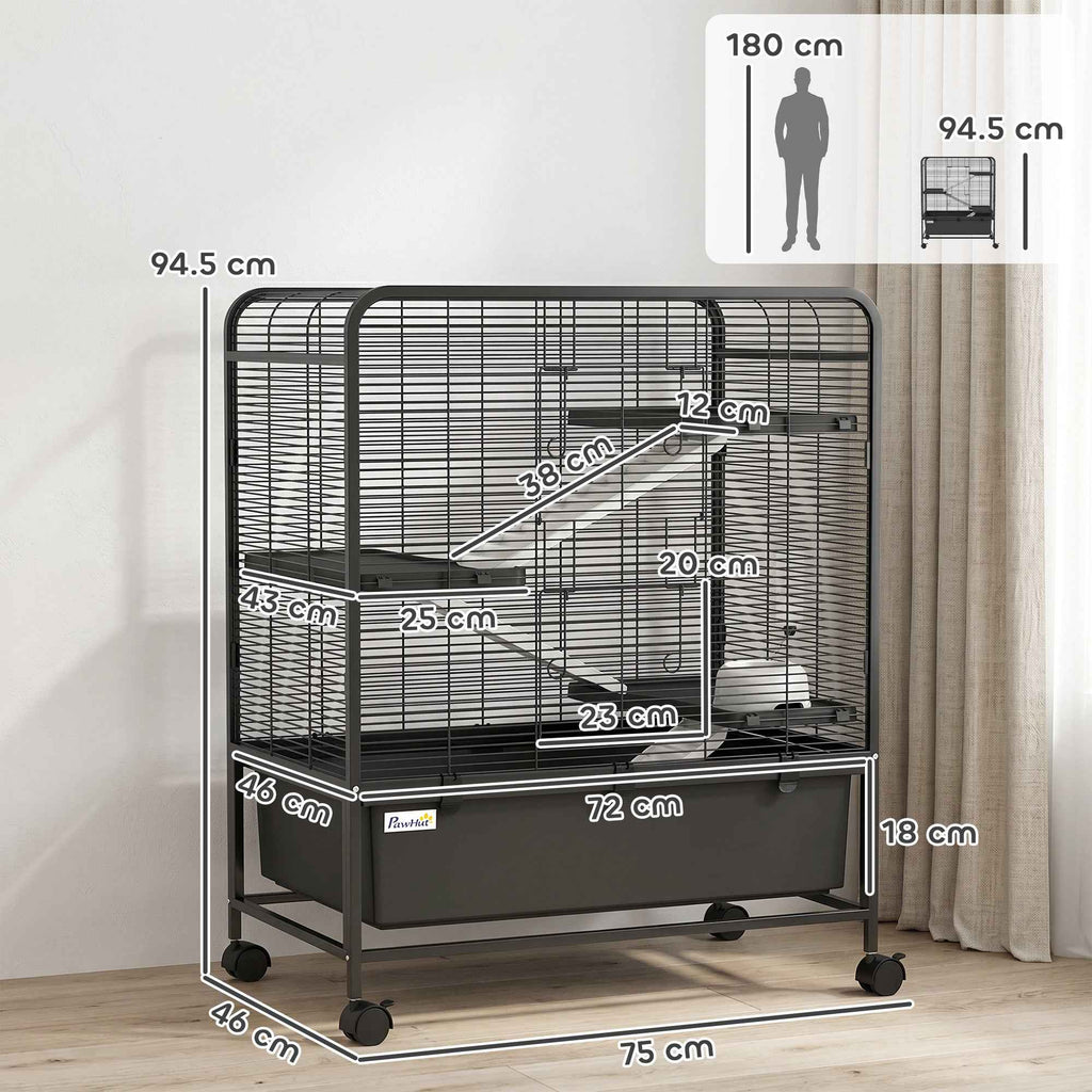 PawHut 4-Tier Steel Rabbit Cage with Platforms, Ramps, Wheels, Water Tank and Removable Tray, Black