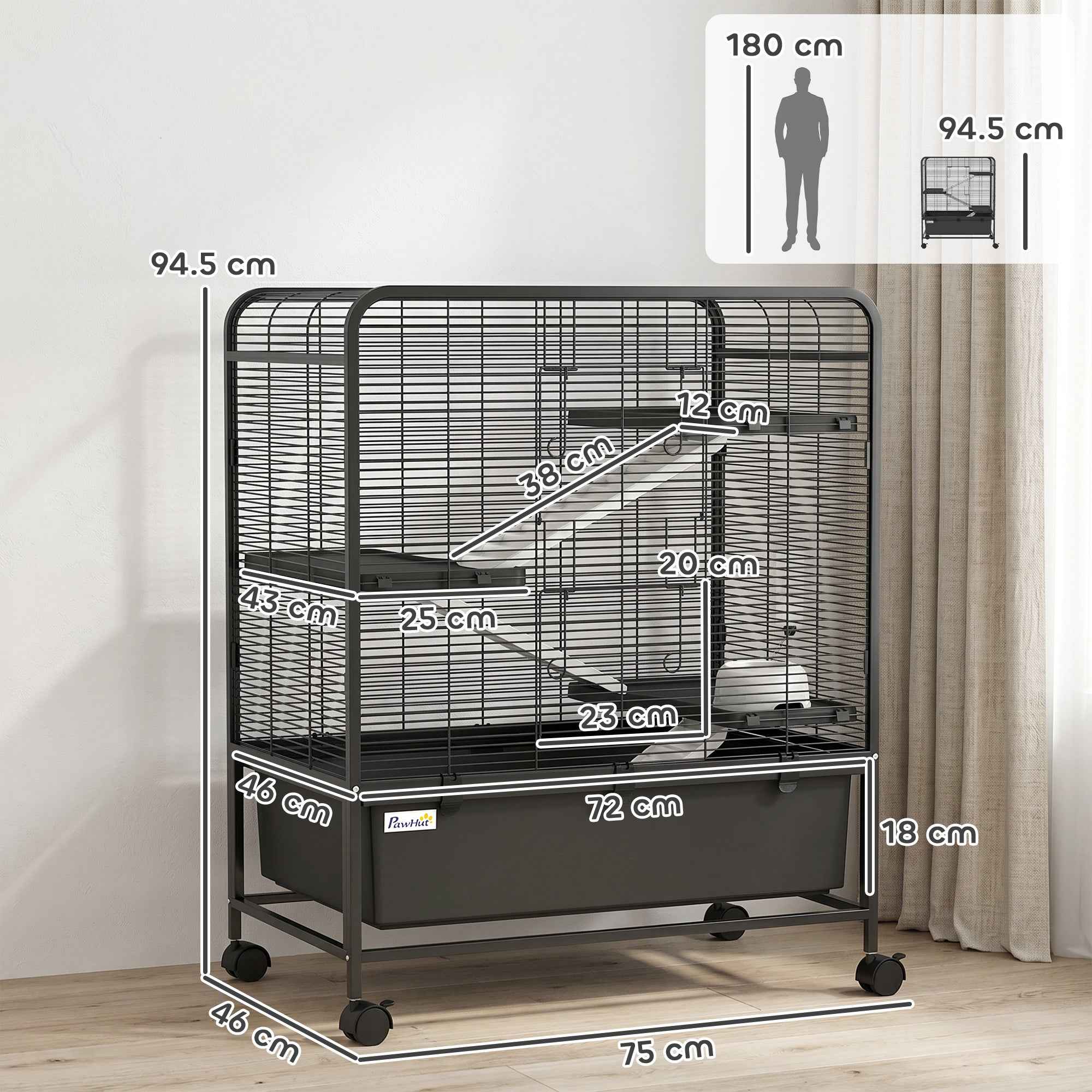 PawHut 4-Tier Steel Rabbit Cage with Platforms, Ramps, Wheels, Water Tank and Removable Tray, Black