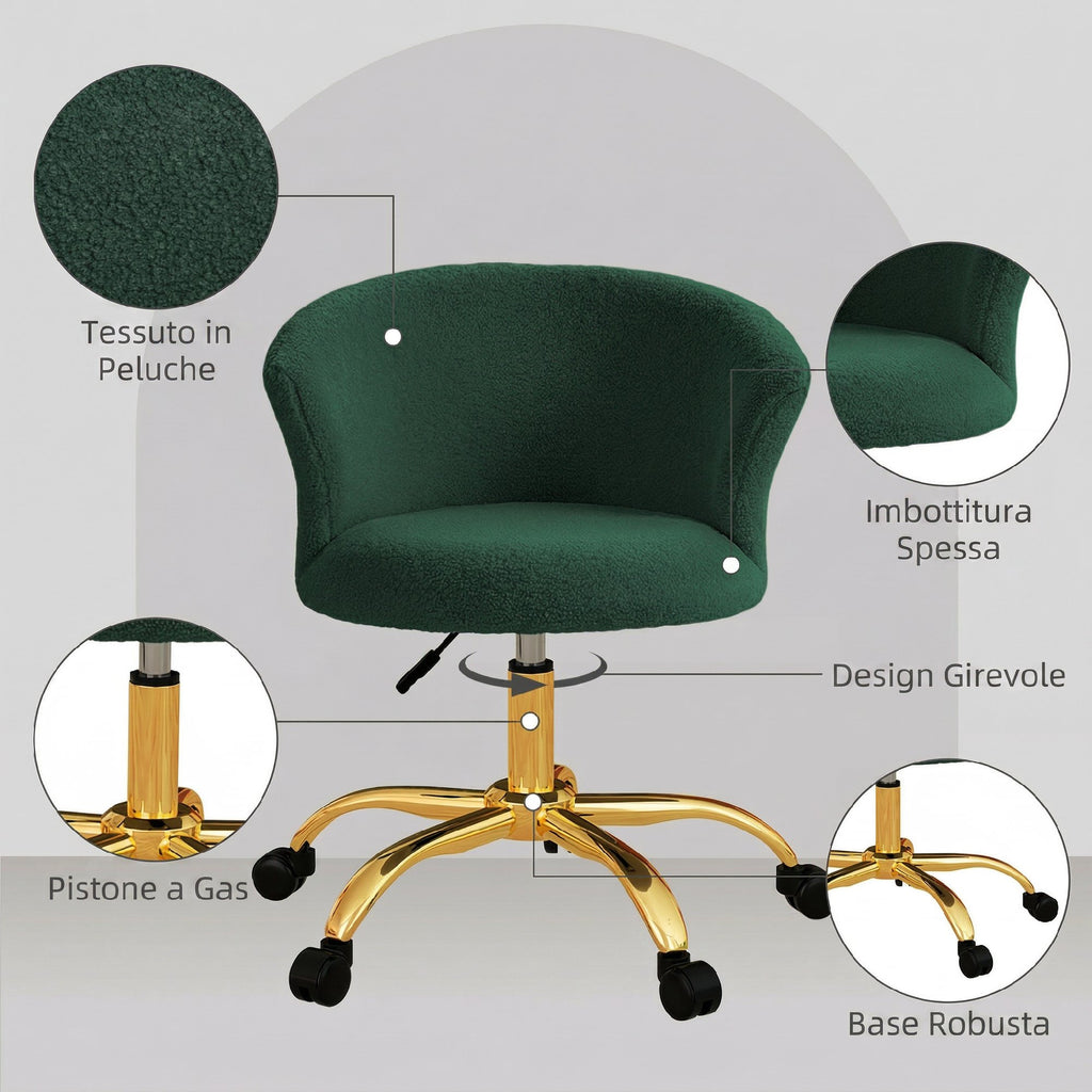 Vinsetto Teddy Velvet Swivel Office Chair, Steel Frame, Adjustable Height, 120kg Load Capacity, Dark Green