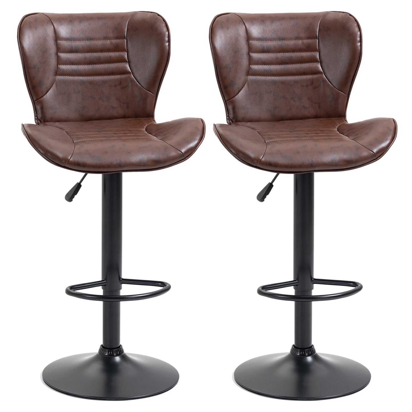 Set of 2 Faux Leather Bar Stools with Adjustable Height, Swivel Seat and Footrest, Brown