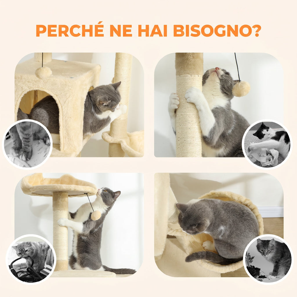 PawHut Cat Tree, 140 cm Tall, with 2 Cat Houses, Hammock, Bed and Sisal Posts, Beige