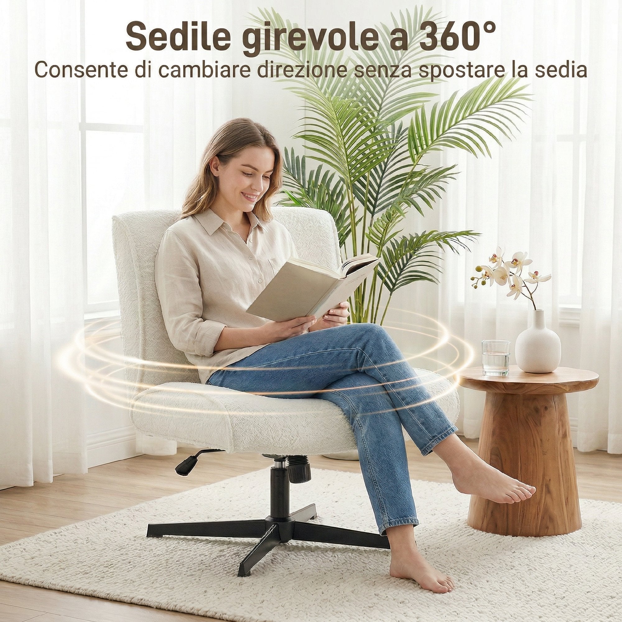 HOMCOM 360° Swivel Lounge Chair, Height-Adjustable, Teardrop Velvet, Without Armrests, Cream