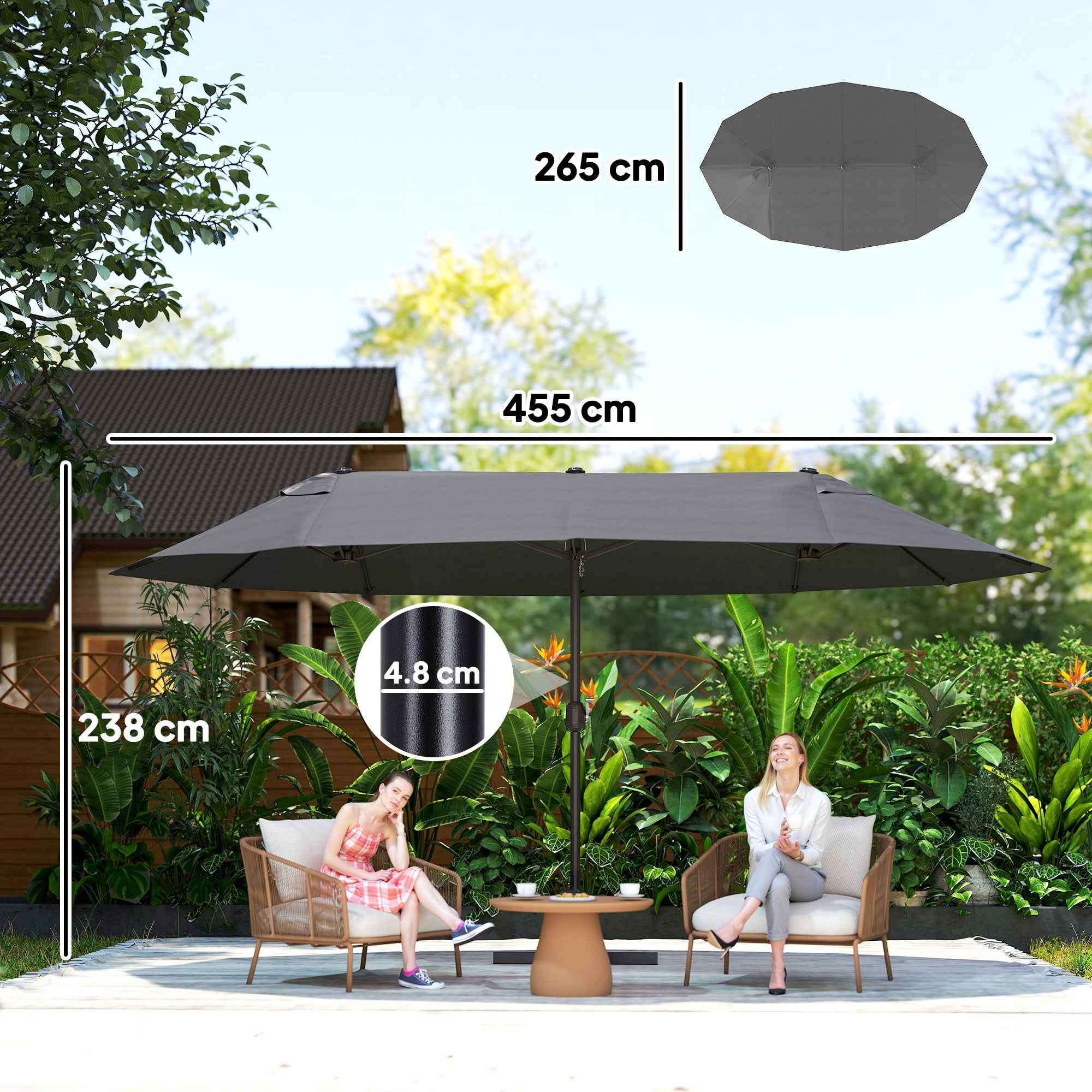 Outsunny Double Umbrella with 12 Ribs, Cross Base and Crank, in Steel and Polyester, 455x265x238 cm, Grey