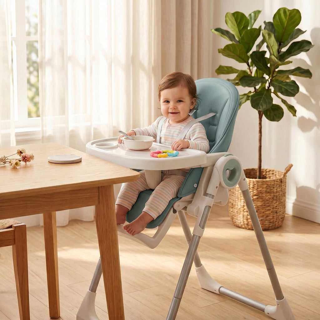 AIYAPLAY Folding High Chair for Babies 6-36 Months, Adjustable Height, Double Washable Tray and Wheels, Green