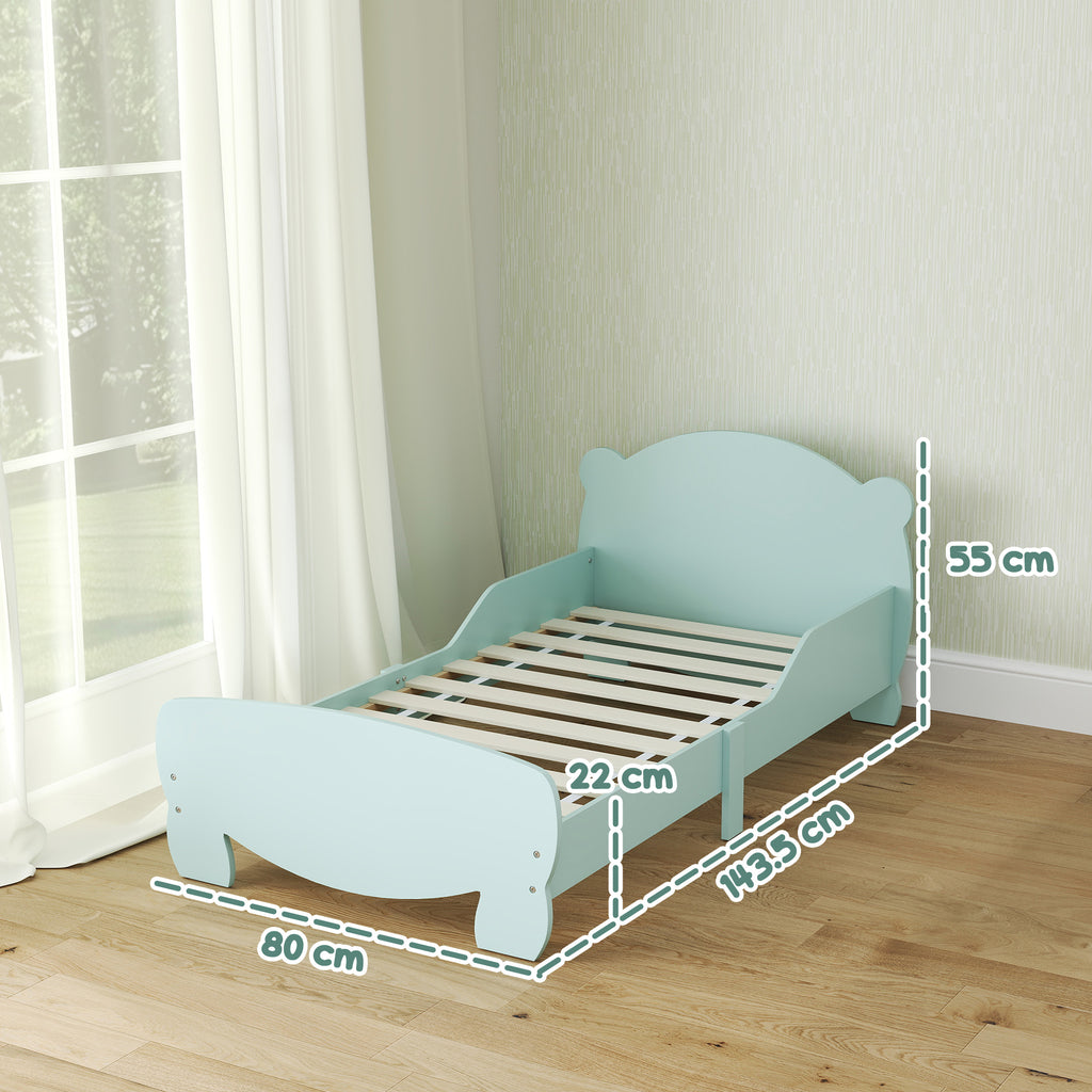 Children's Bed with Bear Headboard and Footboard and 2 Side Rails, Wooden, 143.5x80x55 cm, Green
