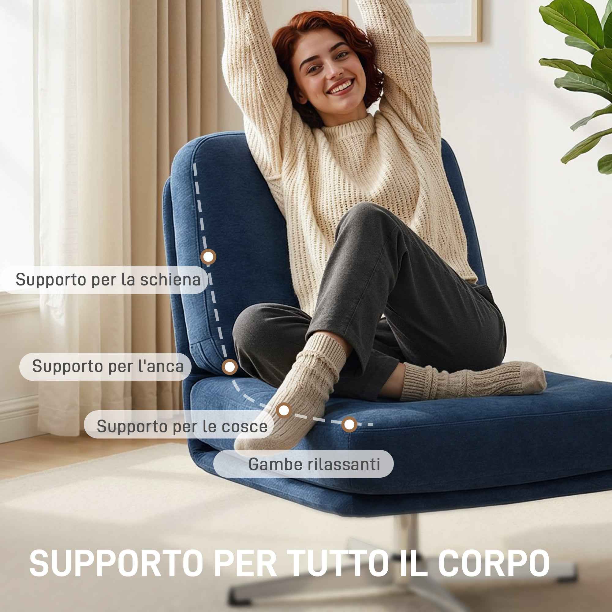 Swivel Living Room Chair in Chenille Effect Fabric and Metal, 70x87x84 cm, Dark Blue