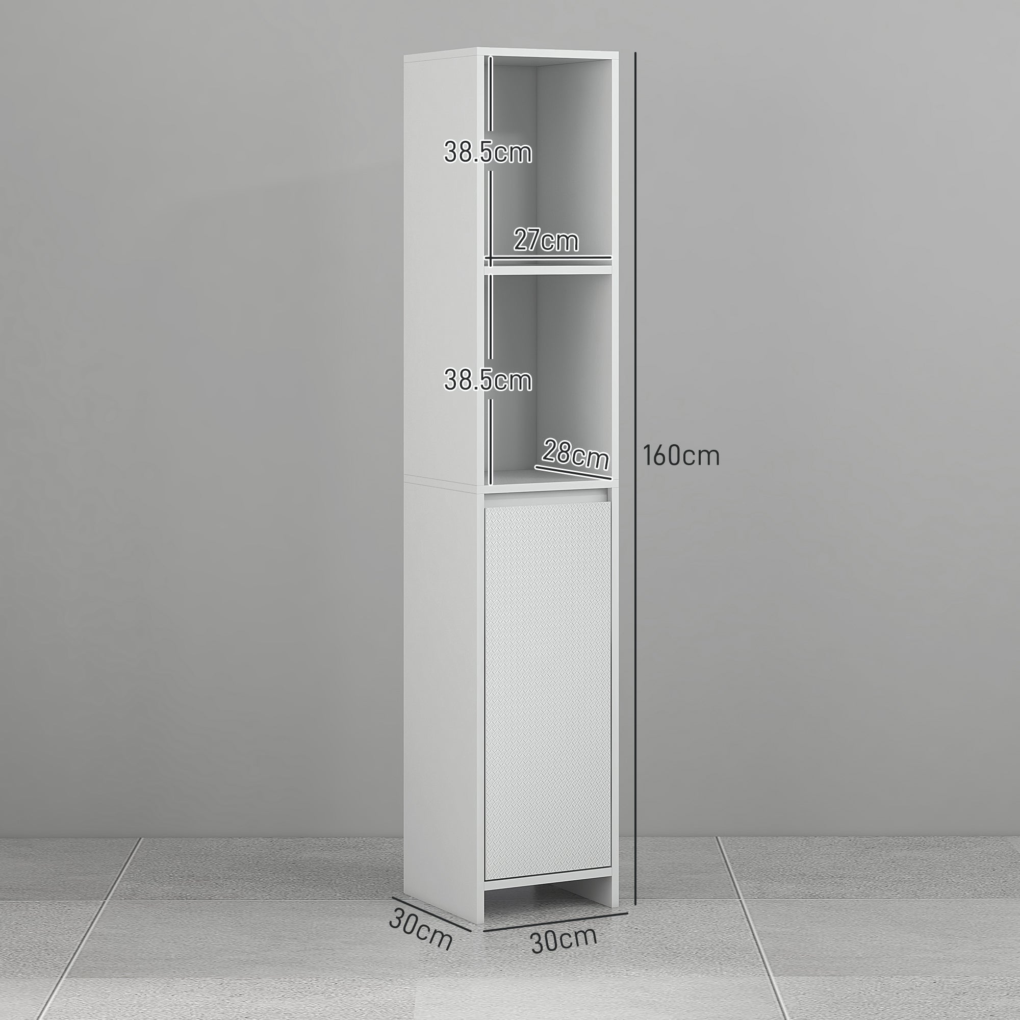 Space-Saving Bathroom Column with Cabinet and 2 Open Compartments, 30x30x160cm, White