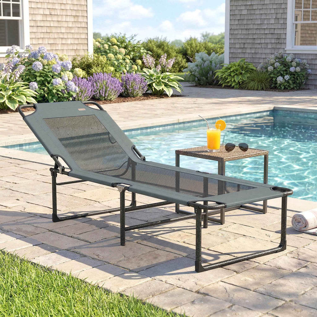 Outsunny 4-Position Reclining Outdoor Lounger, Folding Chair with Handle, Grey.