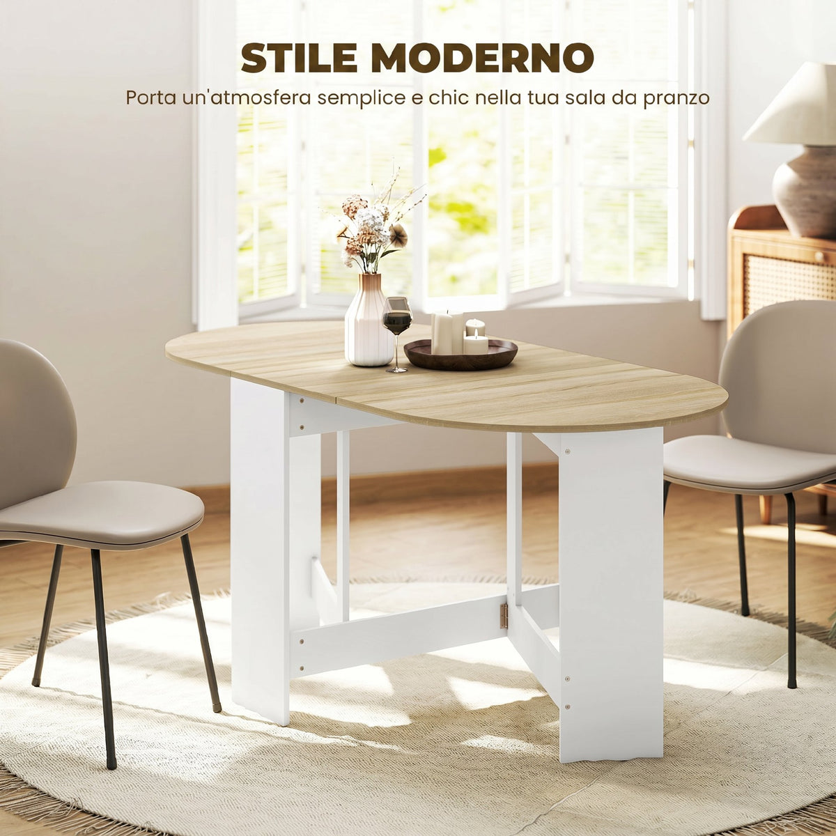 HOMCOM Folding Table for 6 People with 2 Oval Wooden Drop-Leafs, 163x80x75 cm, Wood Color