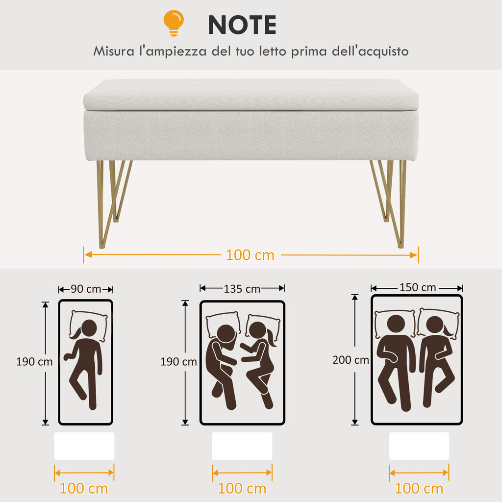 Bed End Bench with Fabric Storage and Steel Legs, 100x40x49cm, Cream