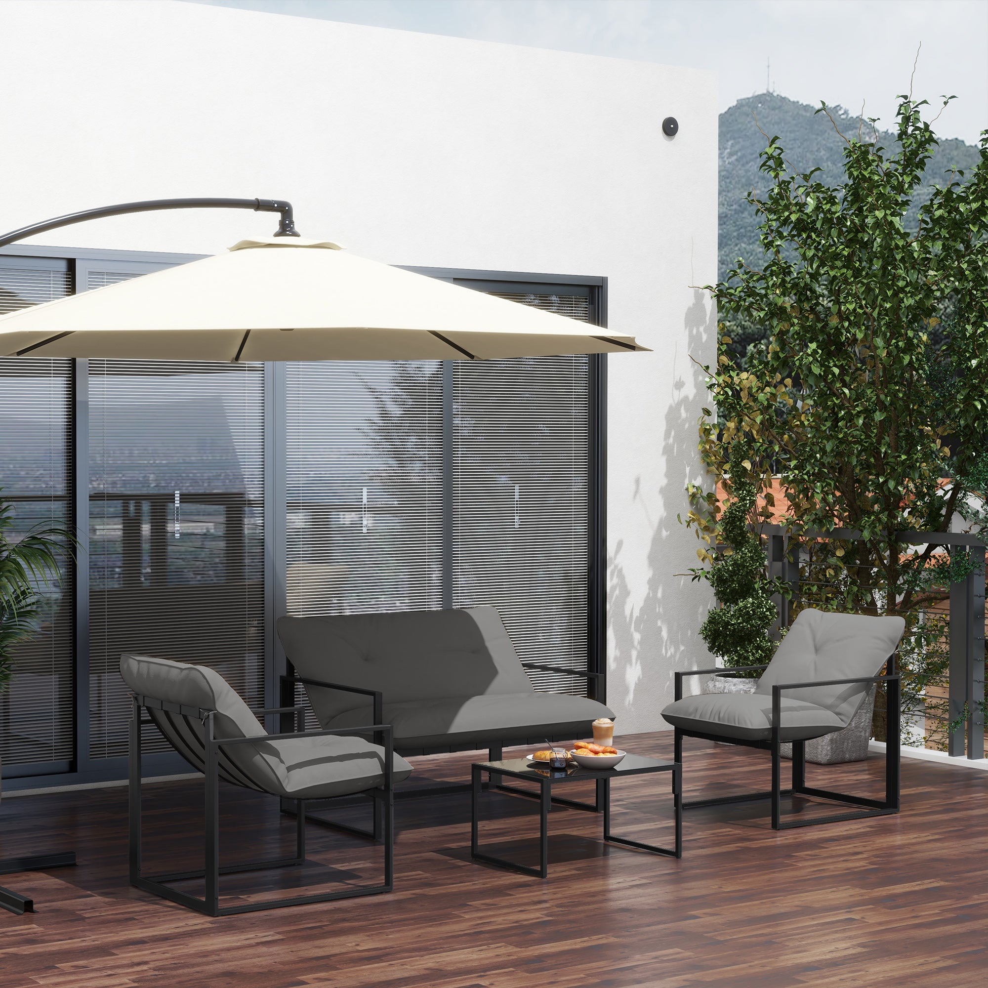 Outsunny 4-Piece Garden Set with Sofa, 2 Armchairs and Coffee Table, in Steel, Polyester and PP Cotton, Black and Grey