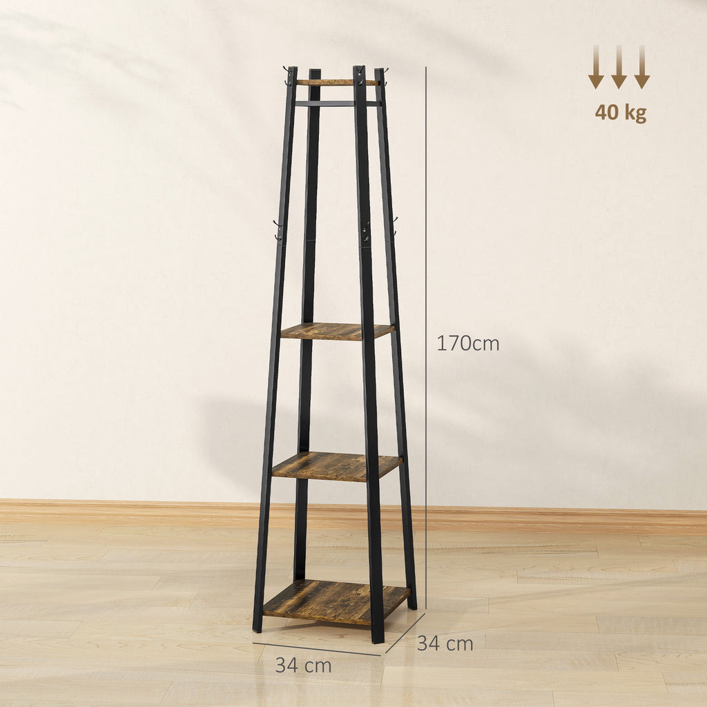 Coat Rack with 8 Hooks, 3 Shelves and Top Shelf, 34x34x170 cm, Brown