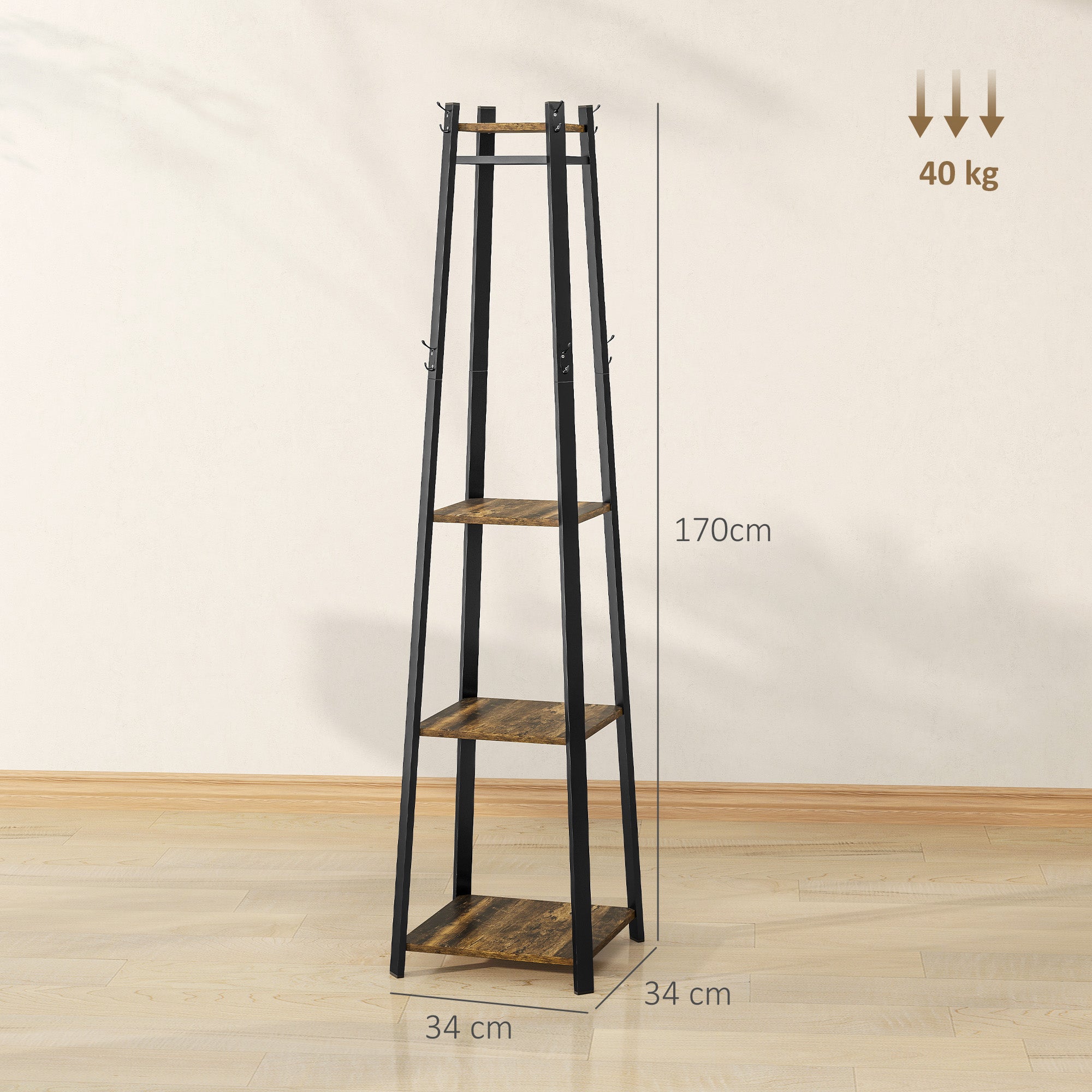 Coat Rack with 8 Hooks, 3 Shelves and Top Shelf, 34x34x170 cm, Brown