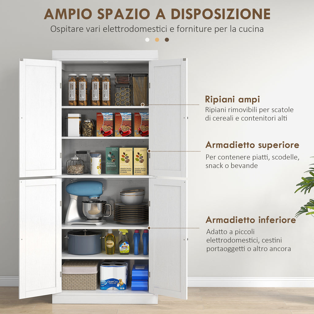 Tall Kitchen Cabinet with 6 Adjustable Shelves and 2 Wooden Doors, 76x40.5x184 cm, White