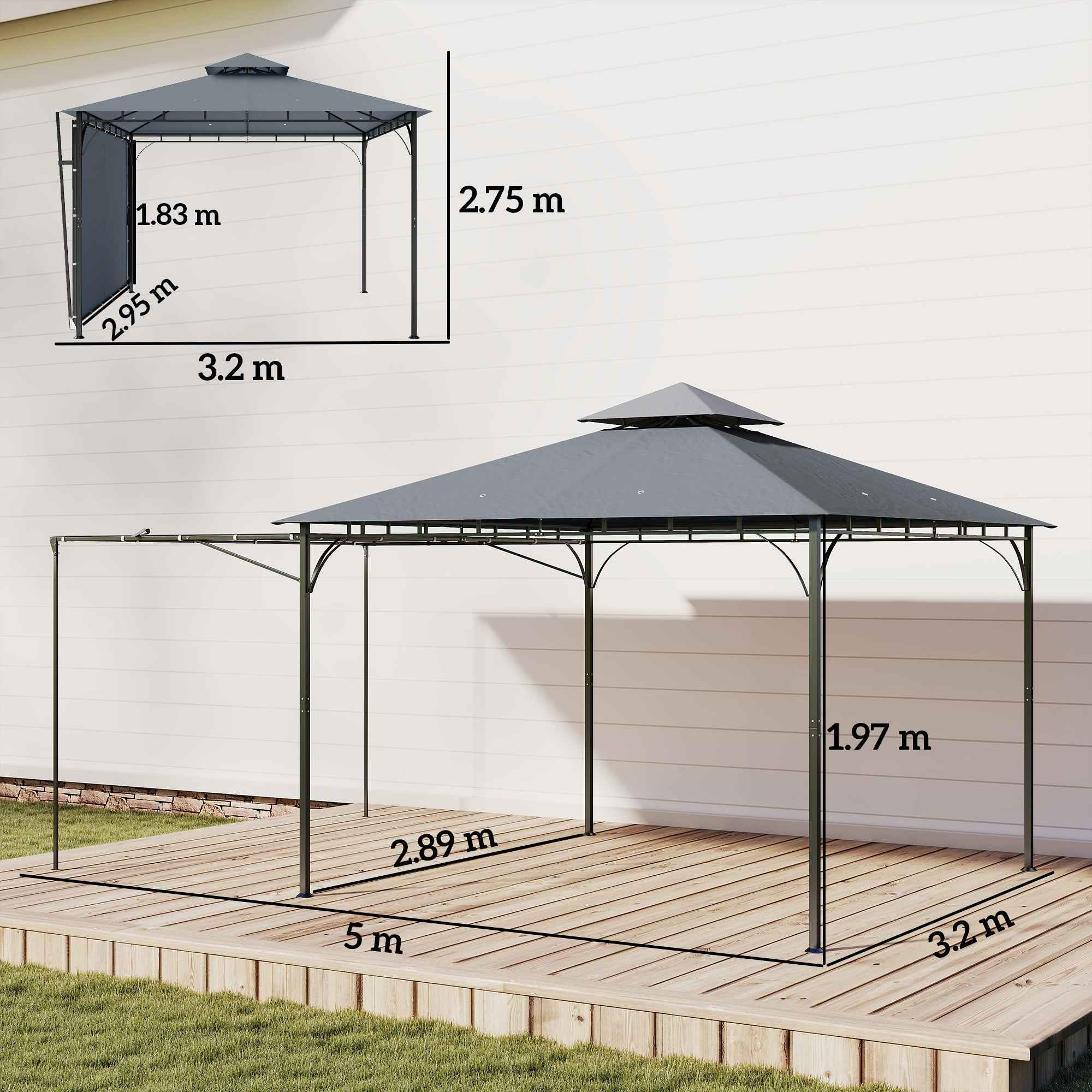 Outsunny Garden Gazebo with Extendable Roof and Drainage Holes, Metal and Polyester, 3.2x3.2 m, Dark Grey