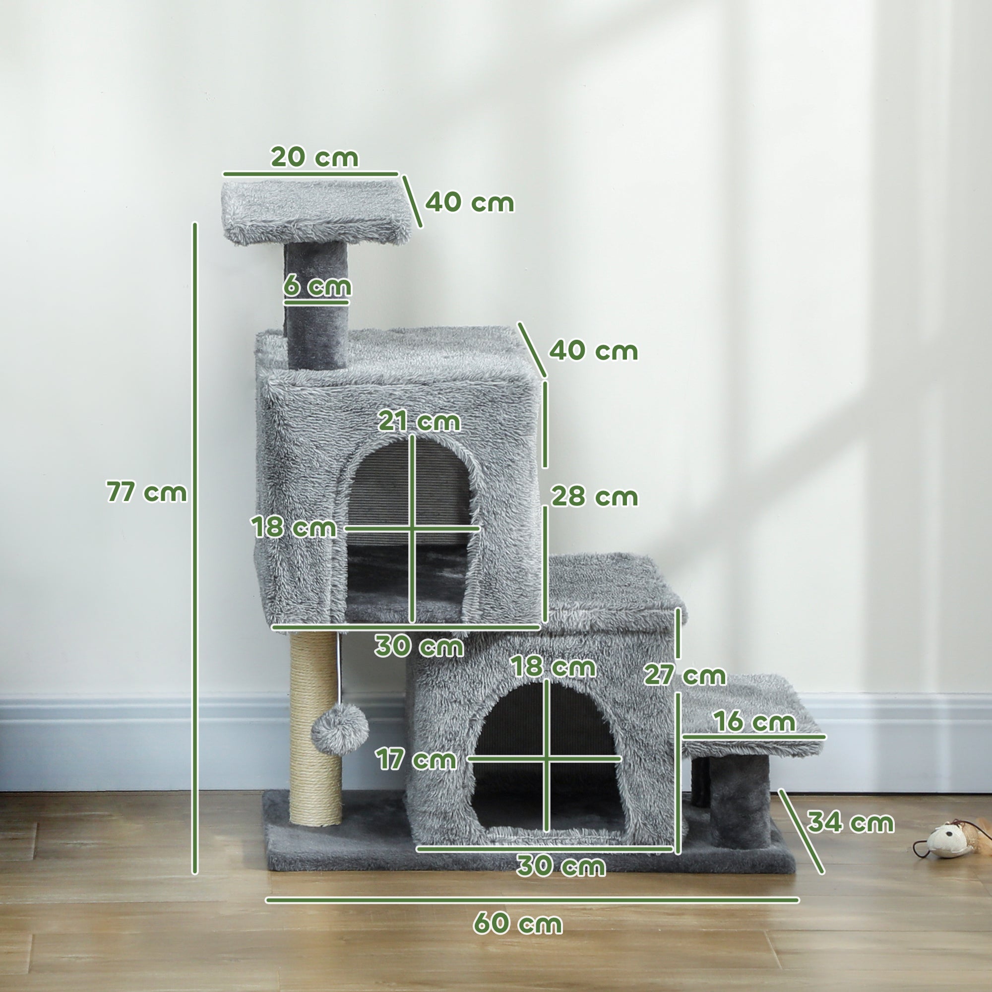 4-Step Height-Adjustable Cat Ladder with 2 Cat Houses, Scratching Post and Ball, Grey