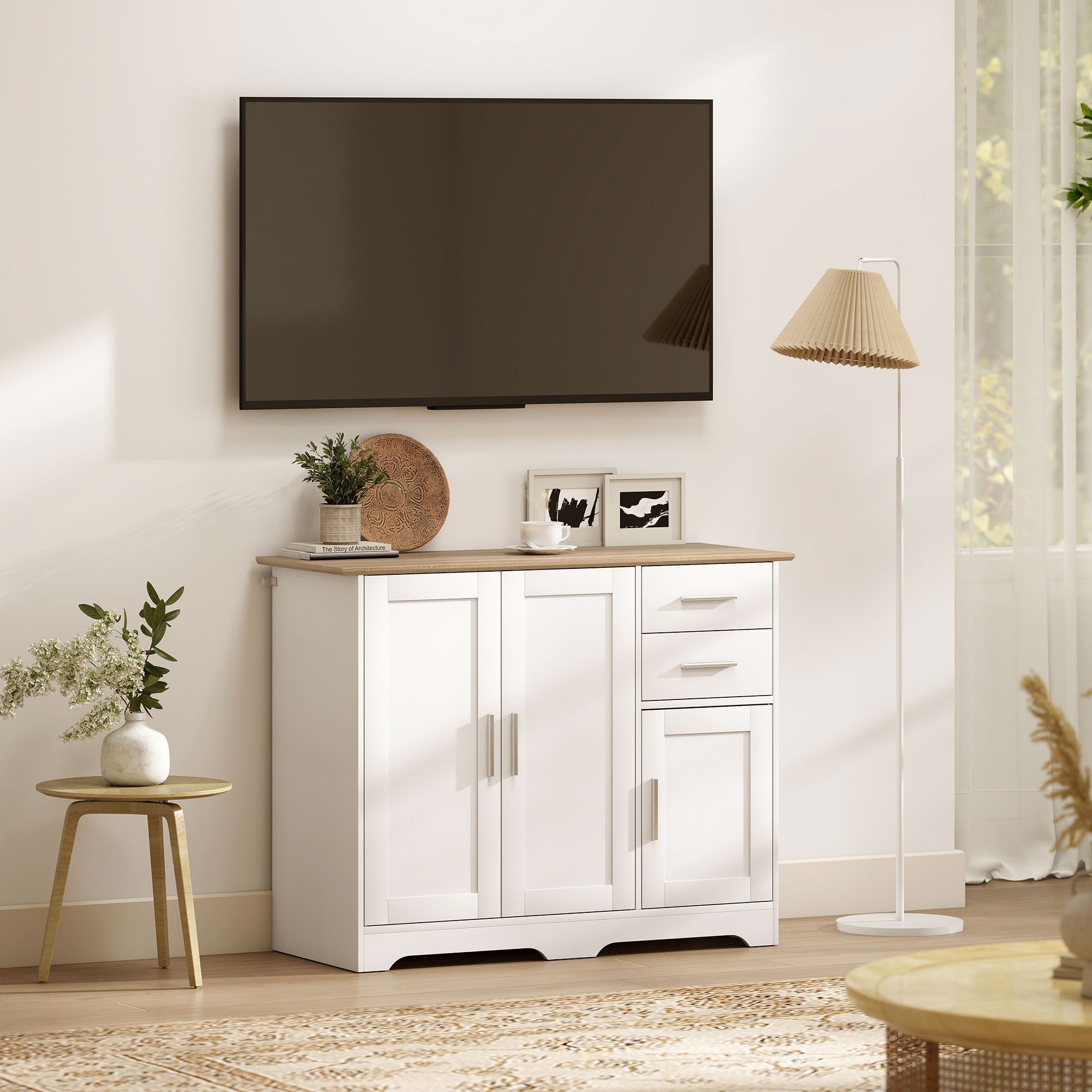Modern Wooden Sideboard with 2 Drawers and 2 Cabinets, 100x40x78 cm, White and Wood Color