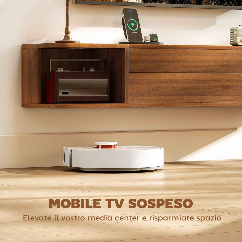HOMCOM Wall-Mounted TV Stand for up to 50" with Power Sockets, USB and Type-C, Drawer and Shelves, 120x24x22.4 cm, Walnut