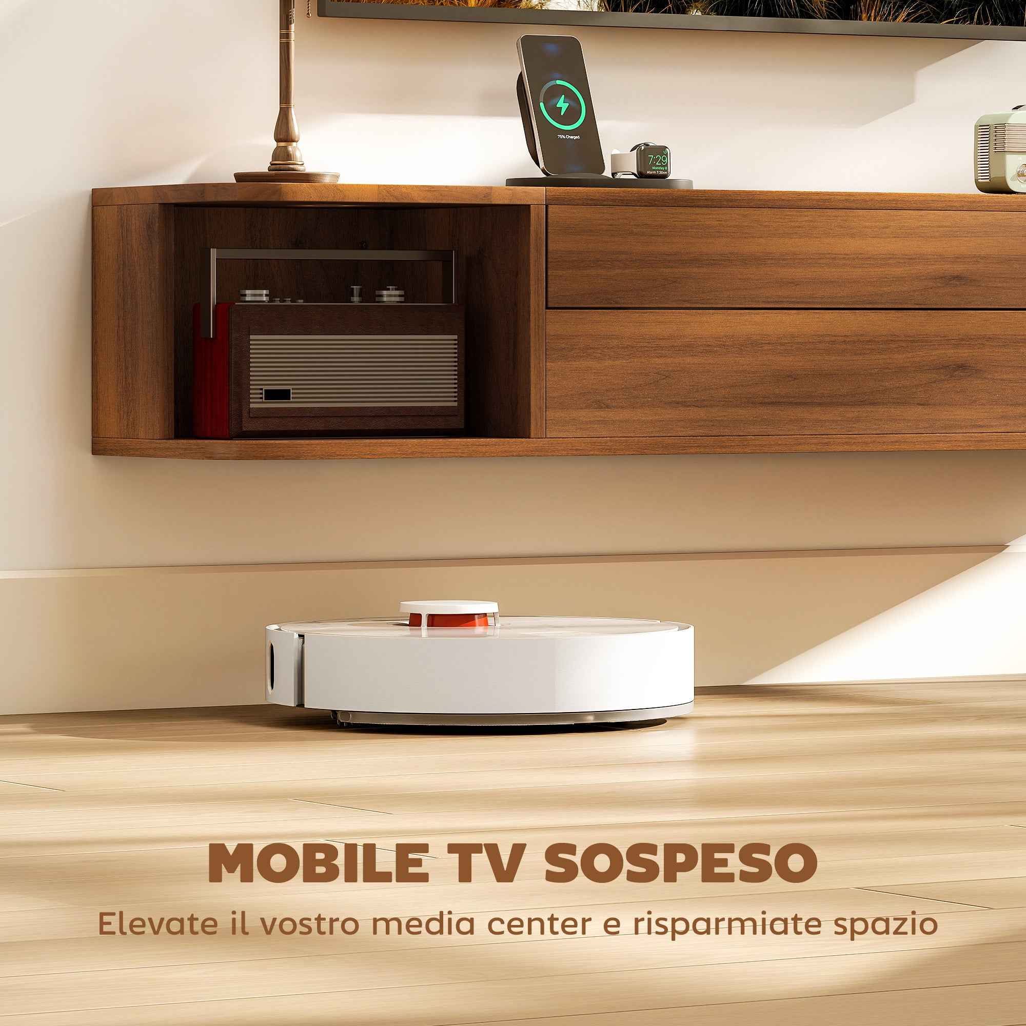HOMCOM Wall-Mounted TV Stand for up to 50" with Power Sockets, USB and Type-C, Drawer and Shelves, 120x24x22.4 cm, Walnut