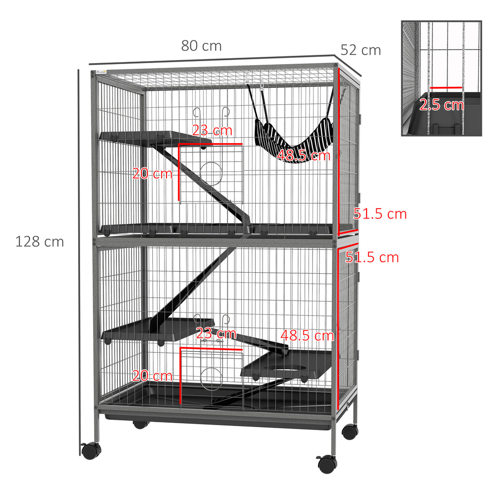 Rodent Cage with 4 Multi-Level Entrances and Hammock, Metal and PP, 80x52x128 cm, Silver and Grey