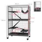 Rodent Cage with 4 Multi-Level Entrances and Hammock, Metal and PP, 80x52x128 cm, Silver and Grey