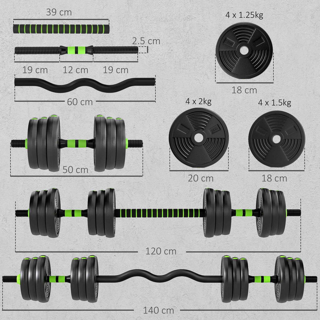 SPORTNOW 3-in-1 Barbell Set with 16 Weight Plates and Non-Slip Handle, 140x20x20 cm, Green