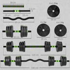 SPORTNOW 3-in-1 Barbell Set with 16 Weight Plates and Non-Slip Handle, 140x20x20 cm, Green