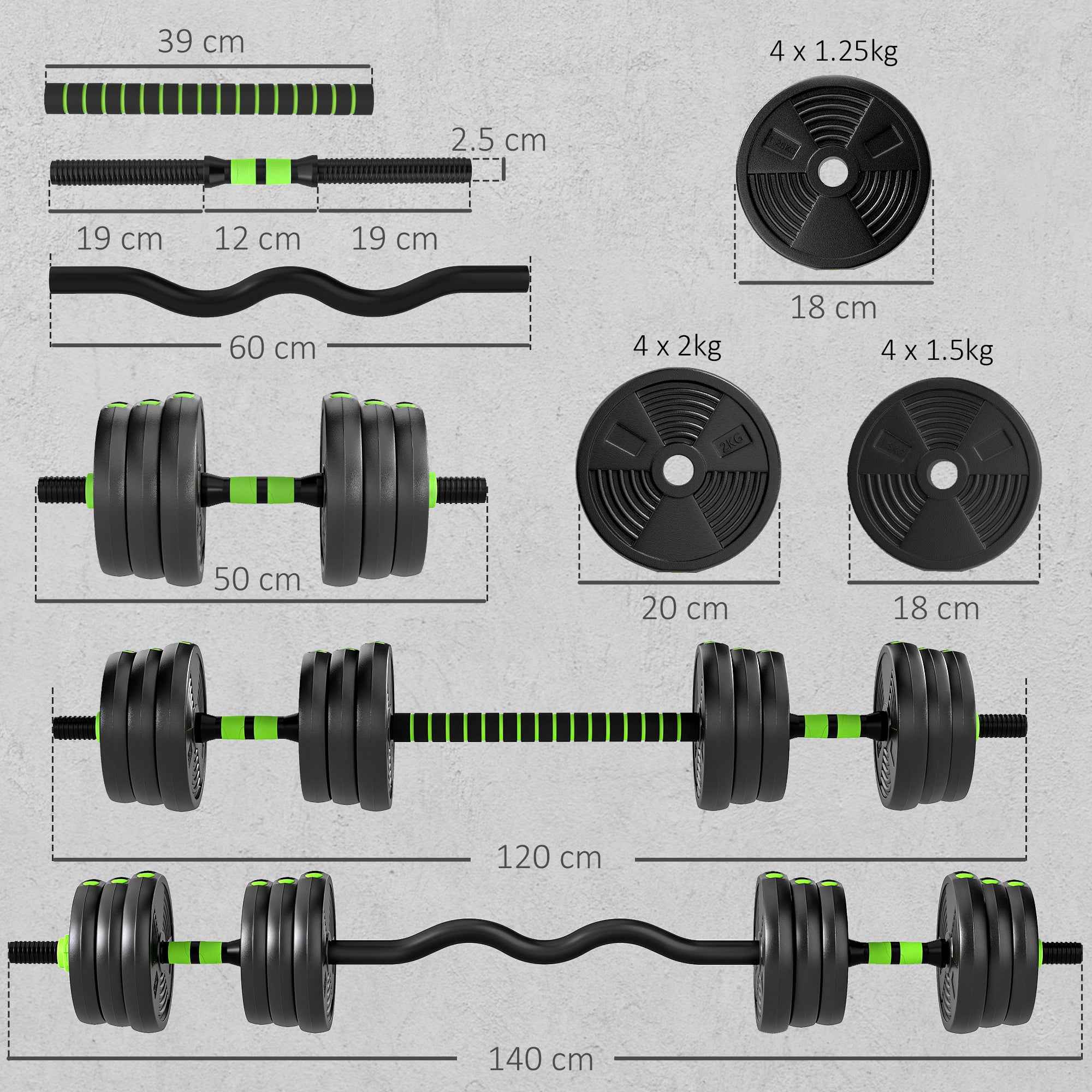 SPORTNOW 3-in-1 Barbell Set with 16 Weight Plates and Non-Slip Handle, 140x20x20 cm, Green