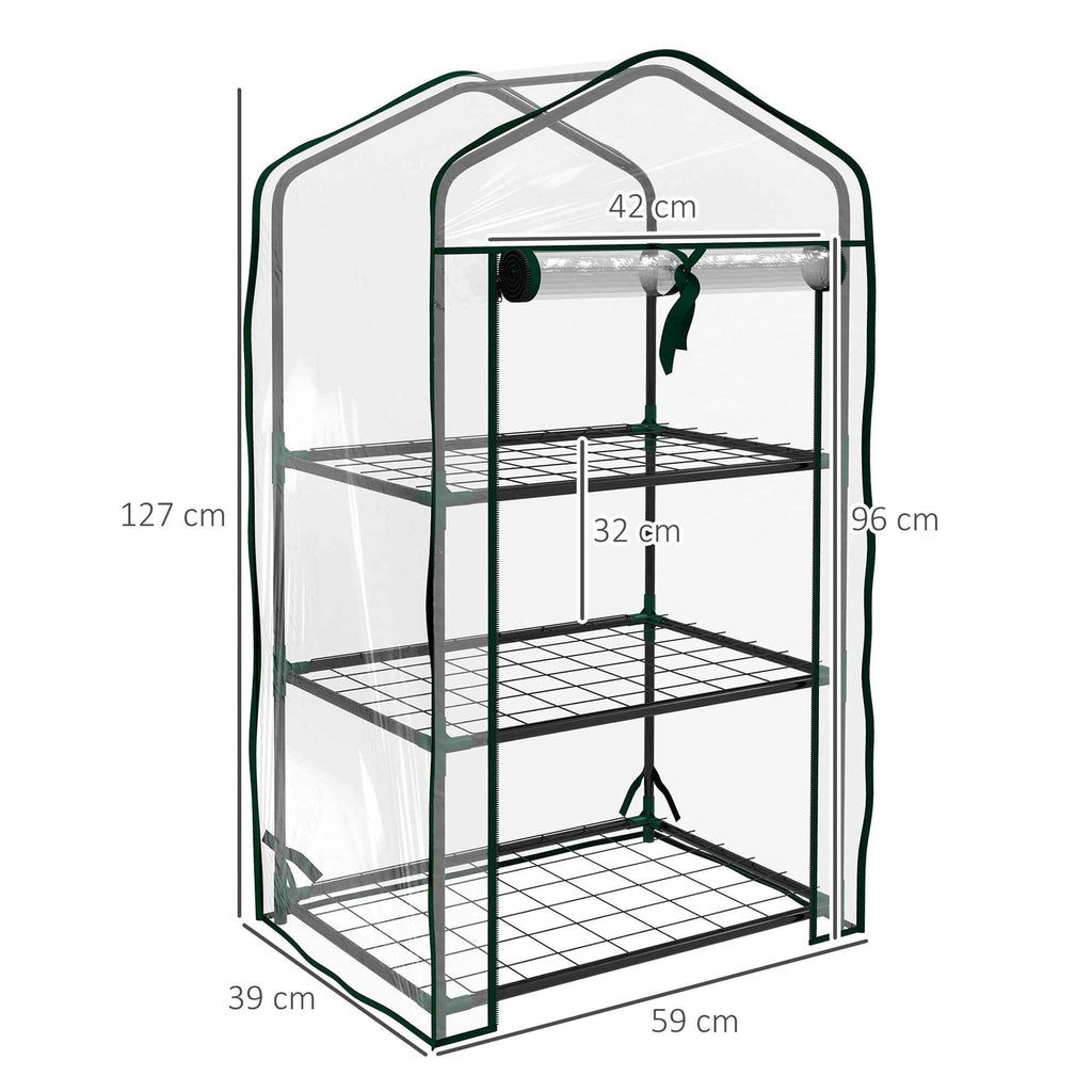 Outsunny Mini Garden Greenhouse with PE Cover, 3 Shelves and Roll-Up Door, 59x39x127 cm, Transparent