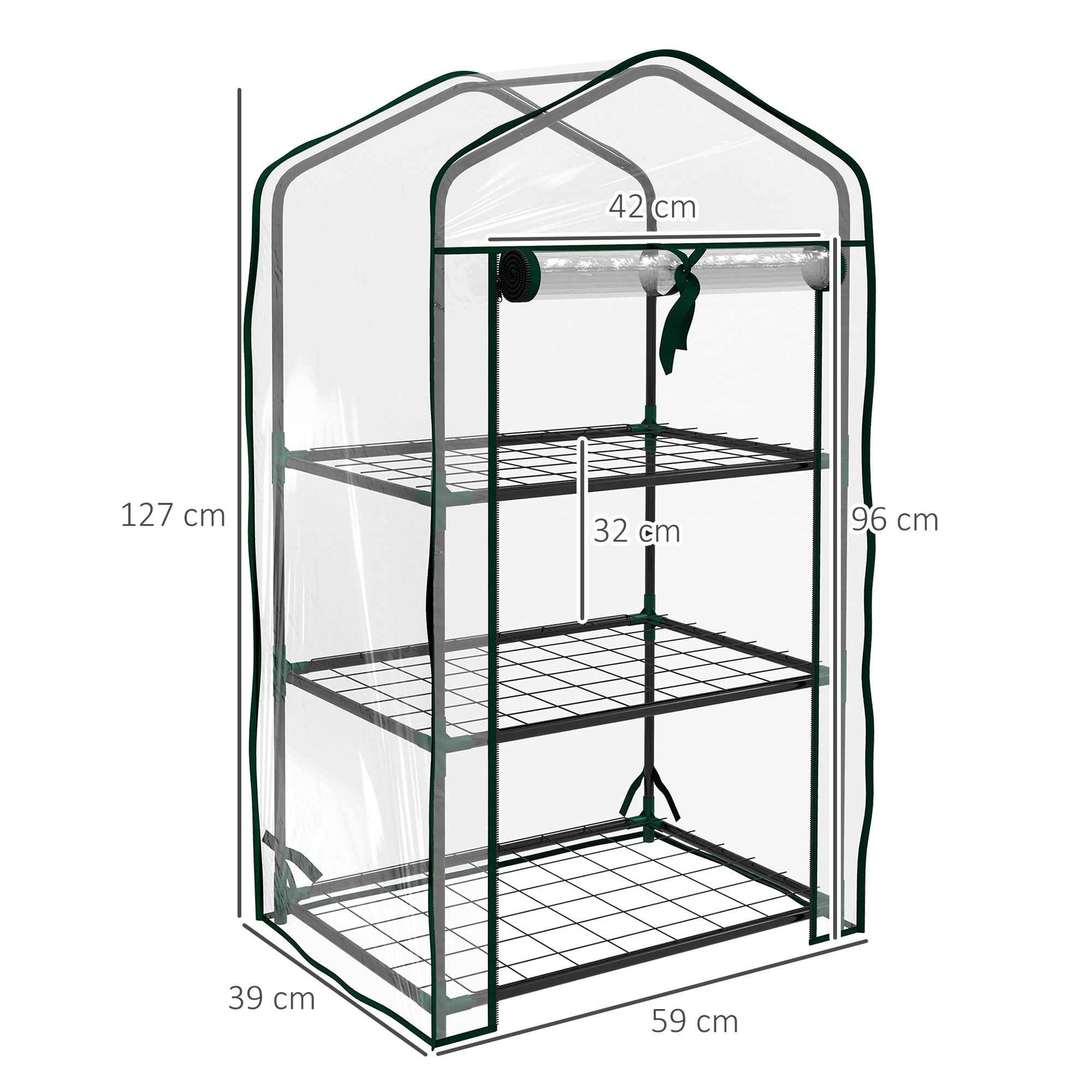 Outsunny Mini Garden Greenhouse with PE Cover, 3 Shelves and Roll-Up Door, 59x39x127 cm, Transparent