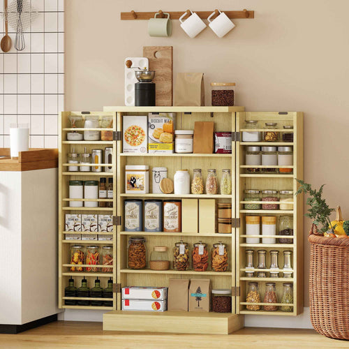 HOMCOM 104cm Pantry, 12 Spice Racks, Adjustable Shelves, Natural Wood.
