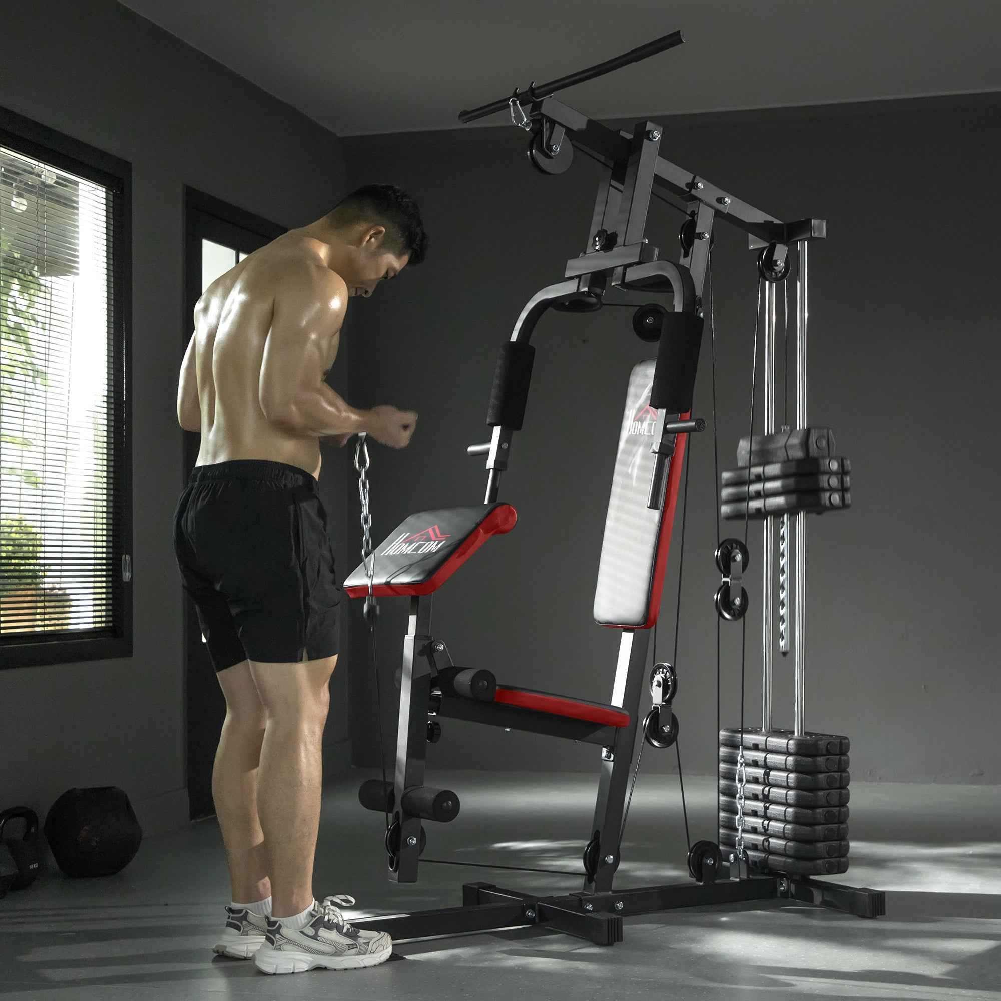 HOMCOM Power Tower Fitness Station Weights 65kg, 135x103x210cm, Black Red