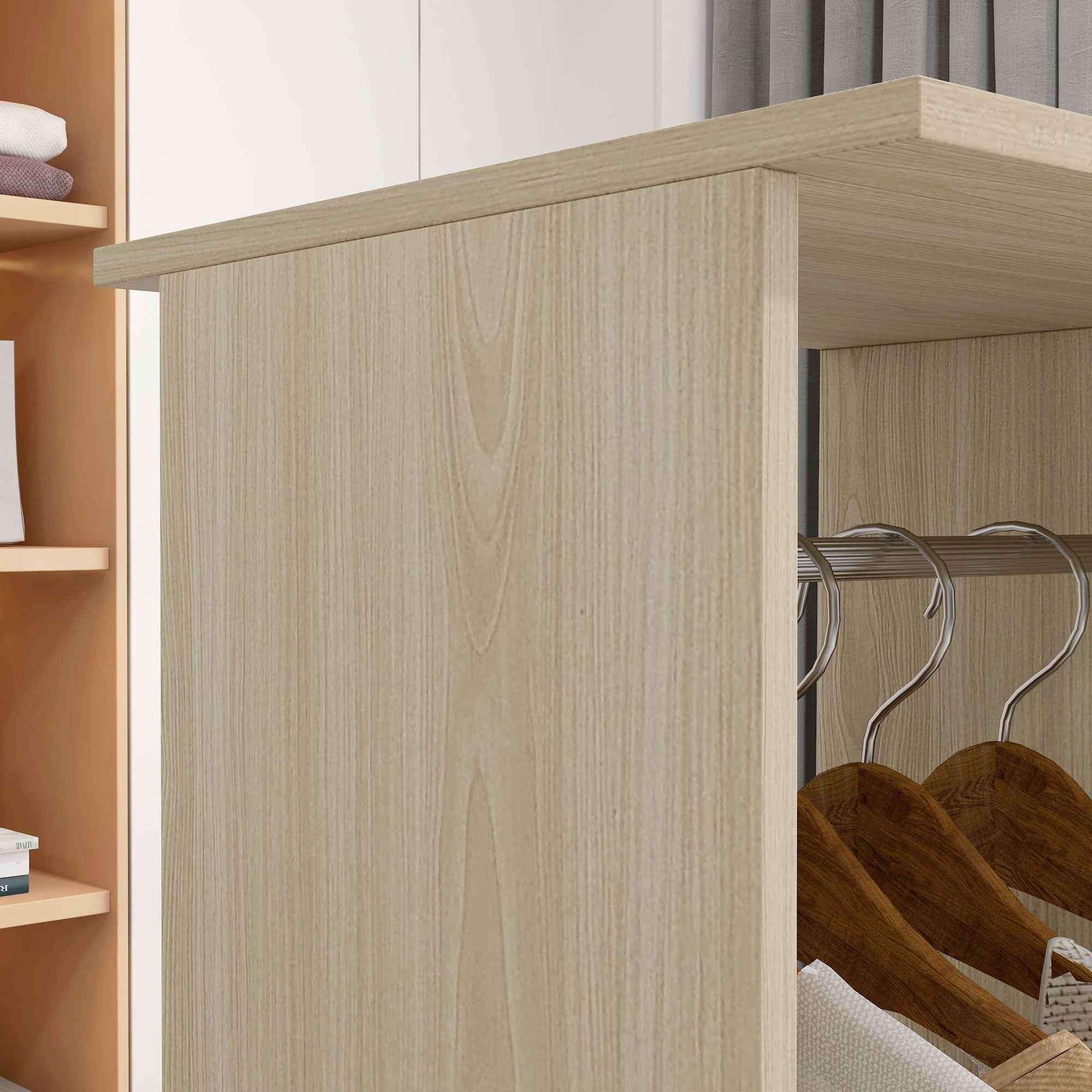HOMCOM Wardrobe with Wheels, 2 Rods, and 3 Open Shelves, Made of Wood and Aluminum, 120x40x128 cm, Wood Color