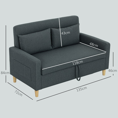 2 Seater Sofa with Storage Space and Cushions, in Linen and Wood Effect Fabric, 135x72x84 cm, Charcoal Grey