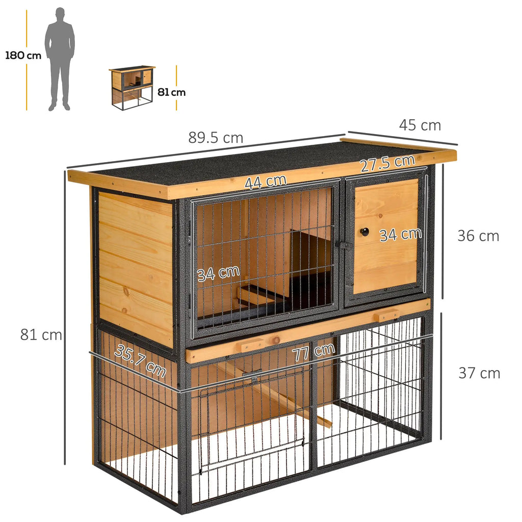 Rabbit Cage with Ramp and Open Area, 2-Tier Wooden and Metal Rabbit Hutch, Light Yellow, 89.5x45x81cm - Borge' Group Limited