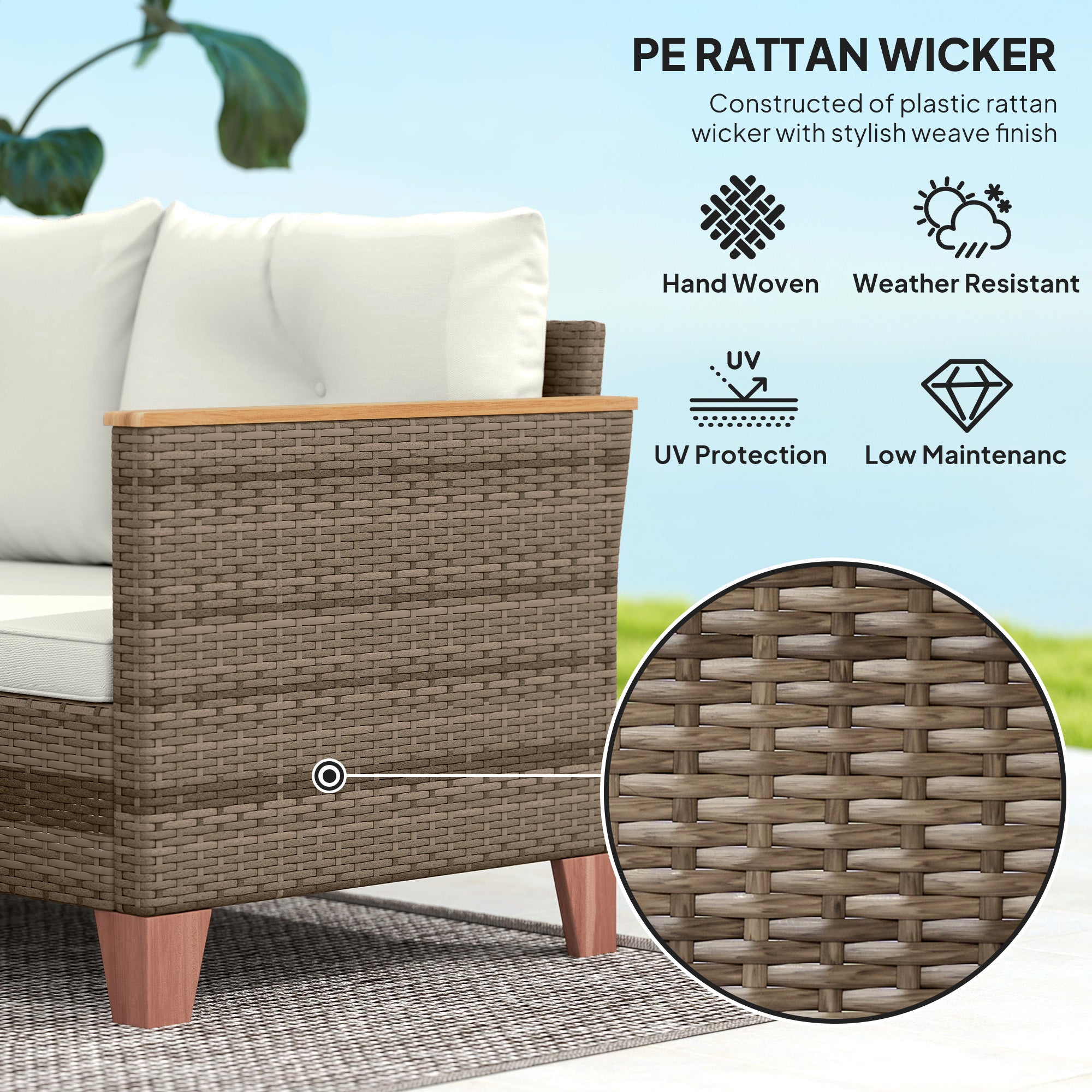 PE Rattan Garden Lounge with 2-Seater Sofa, Chaise Longue and Coffee Table, Cream