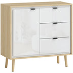Modern Sideboard with 3 Drawers and Cabinet, Adjustable Internal Shelf and Glossy Doors, White and Oak