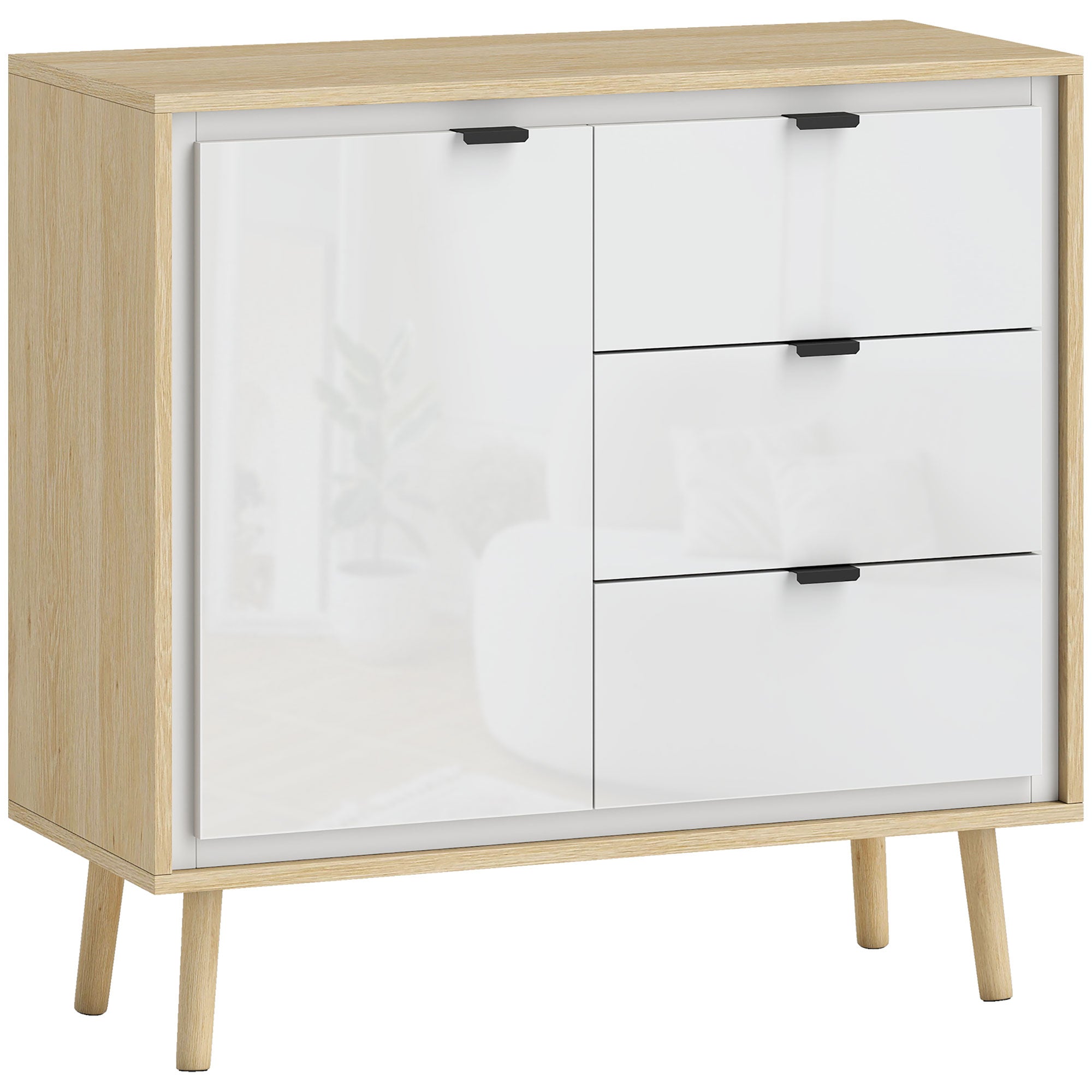 Modern Sideboard with 3 Drawers and Cabinet, Adjustable Internal Shelf and Glossy Doors, White and Oak