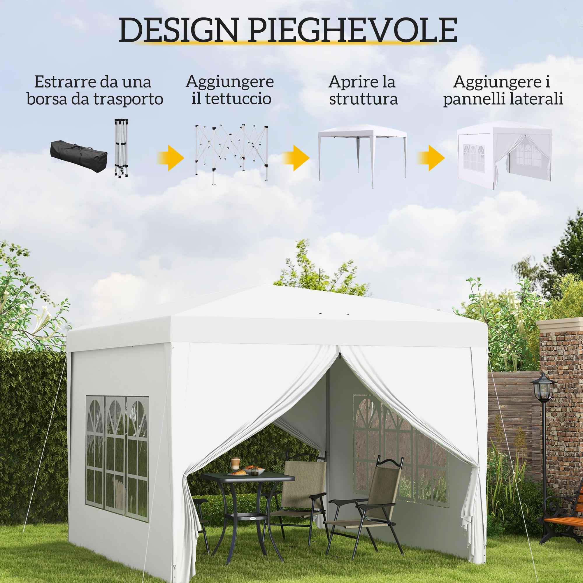 Outsunny 3x3m Folding and Waterproof Gazebo with Side Panels, Steel and Oxford Fabric, White