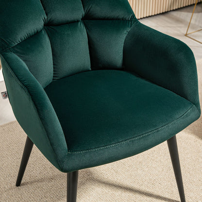 Velvet and Padded Lounge Armchair with Steel Legs and Extended Armrests, Green - Borgè