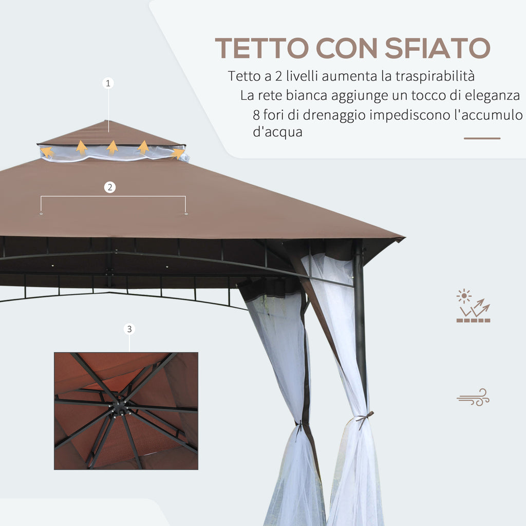 3x3m Garden Gazebo with Mosquito Net, Two-Tier Roof and Brown Metal Frame