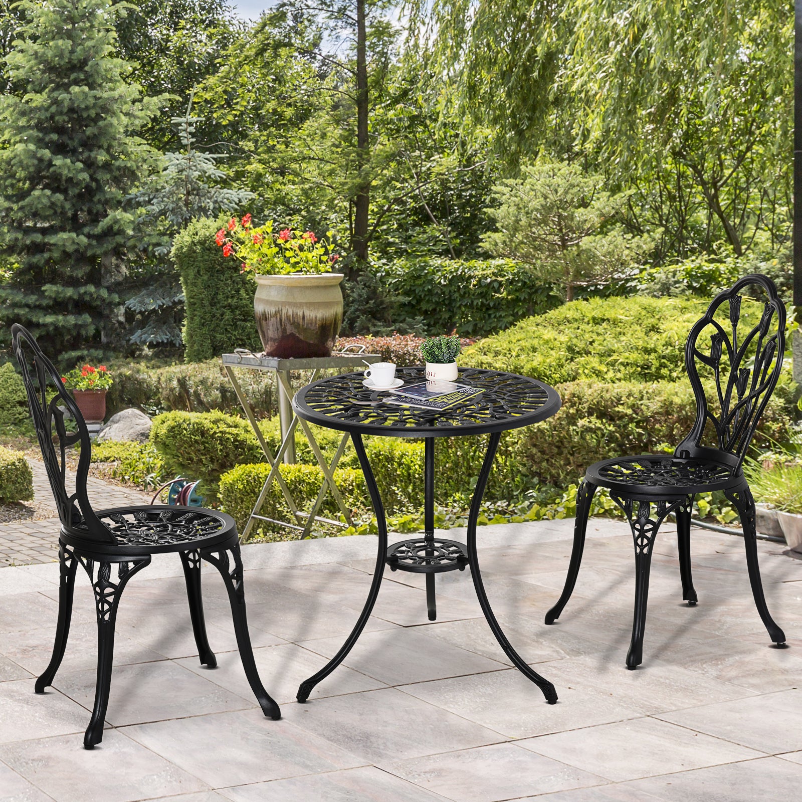 Garden Set : 3-Piece Aluminum Garden Set with 2 Chairs 42.5x47.5x89 cm and Round Coffee Table Ø60x67 cm, Black - Borgè