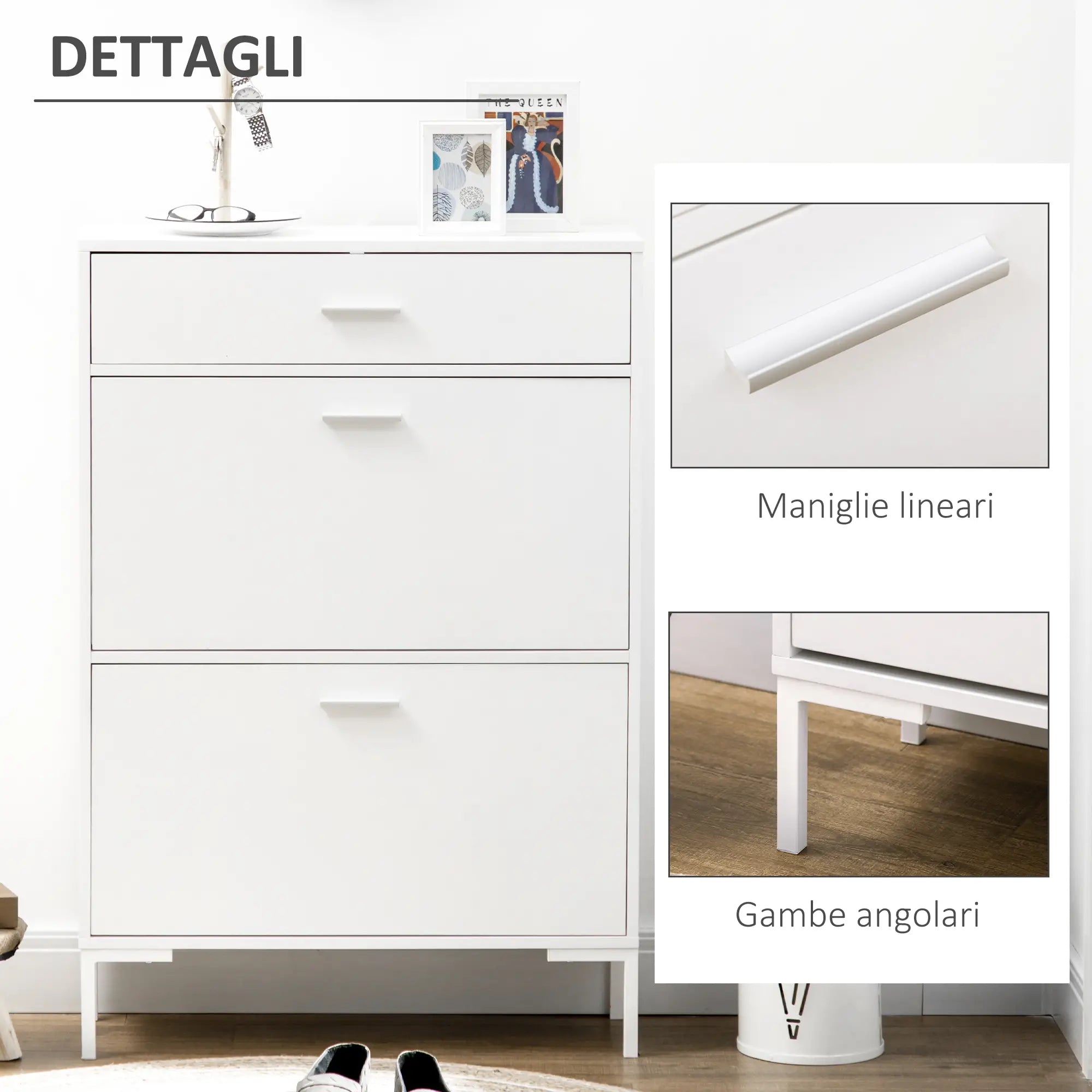 Modern Shoe Cabinet for 12 Pairs of Shoes with 2 Drop-Door and Drawer, 76x26x110 cm, White
