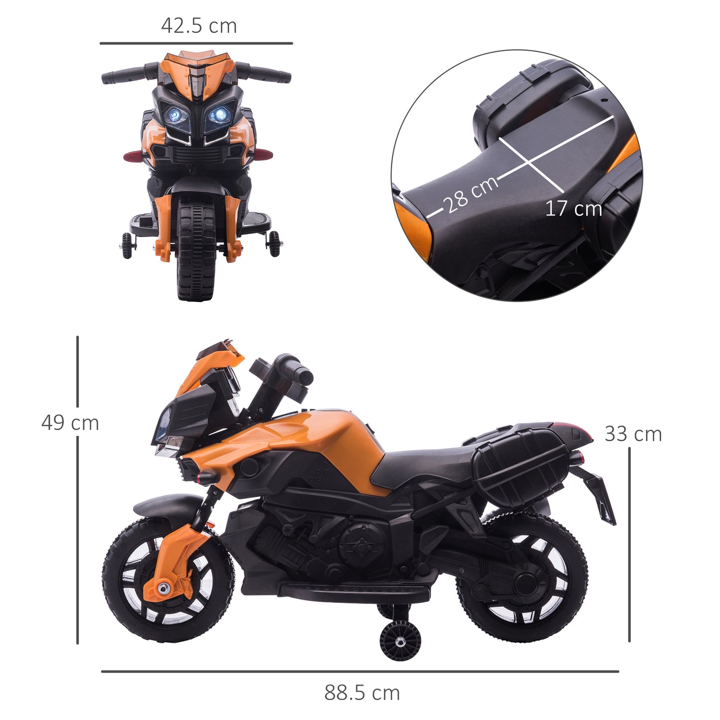 6V Electric Motorcycle for Children 18-48 Months with Headlights and Horn, in PP and Metal, 88.5x42.5x49 cm, Orange