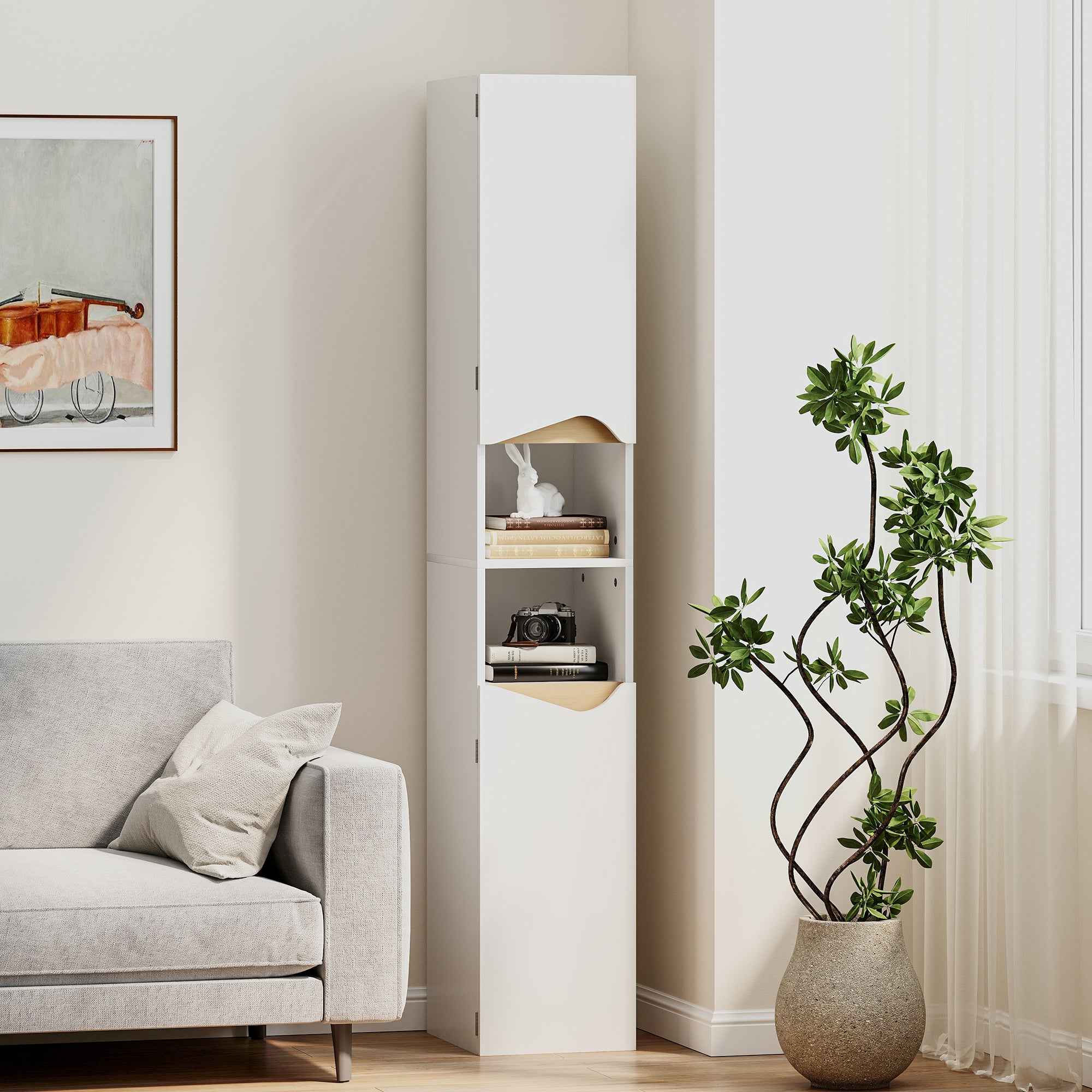 HOMCOM Wooden Bathroom Cabinet with 2 Open Shelves and 2 Cabinets, 30x34.6x180.5 cm, White and Wood Color